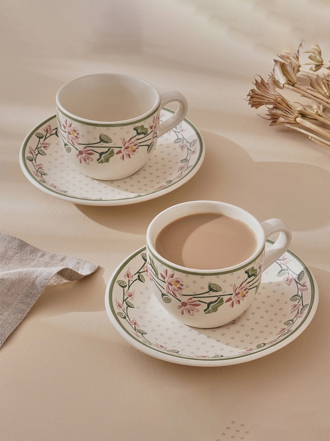 Buy Home Centre Beige & Pink 2 Pcs Floral Printed Stoneware Cup And Saucer  180 ML - Tea Set for Unisex 26539538