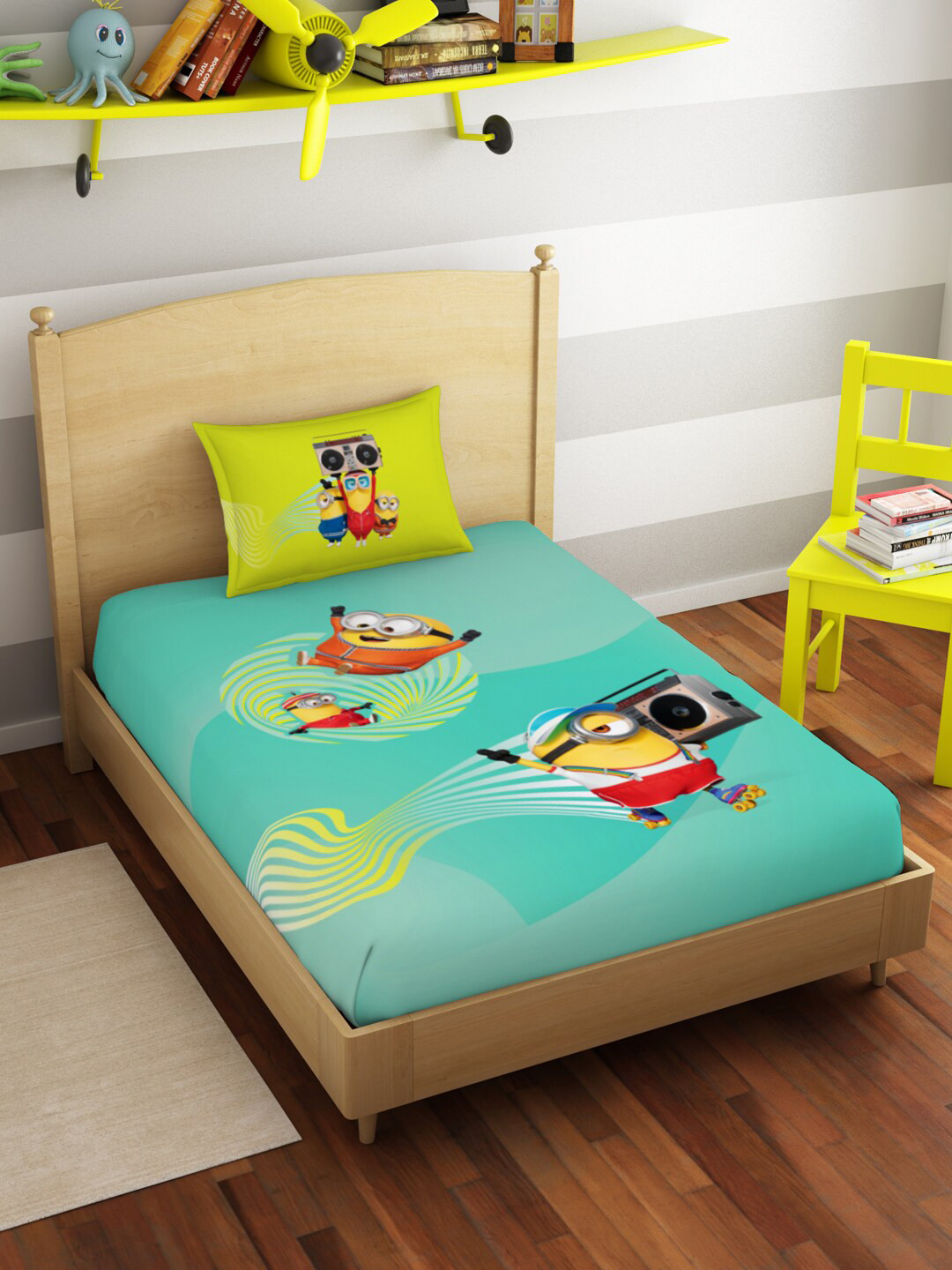 SPACES Universal Waves Quince Minions Green Cartoon Characters Pure Cotton 180 TC Single Fine Bedsheet with a Pillow Cover-60 x 88 inches
