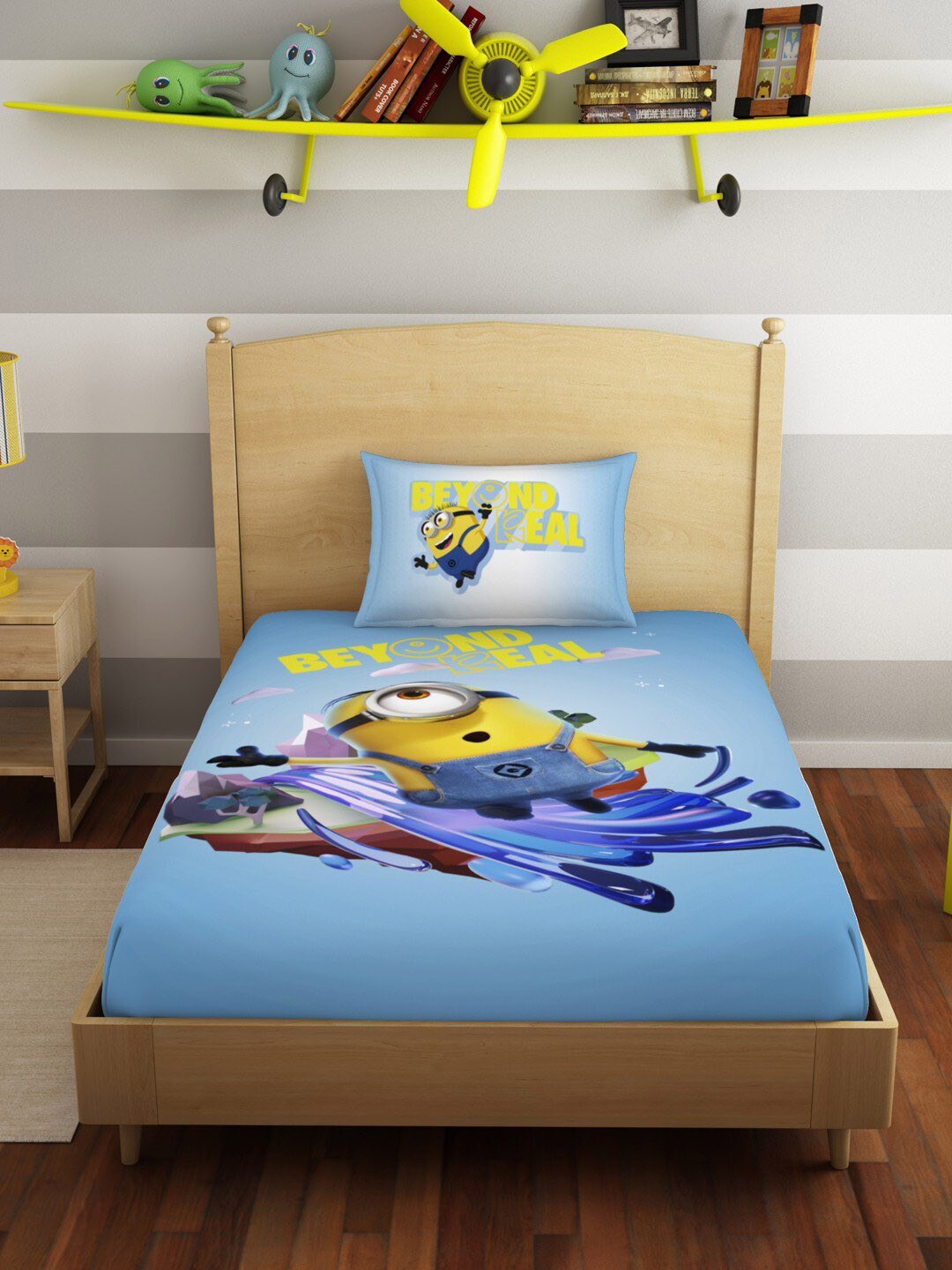 SPACES Blue Cartoon Characters Pure Cotton 180 TC Single Fine Bedsheet with a Pillow Cover-152 x 224 cm