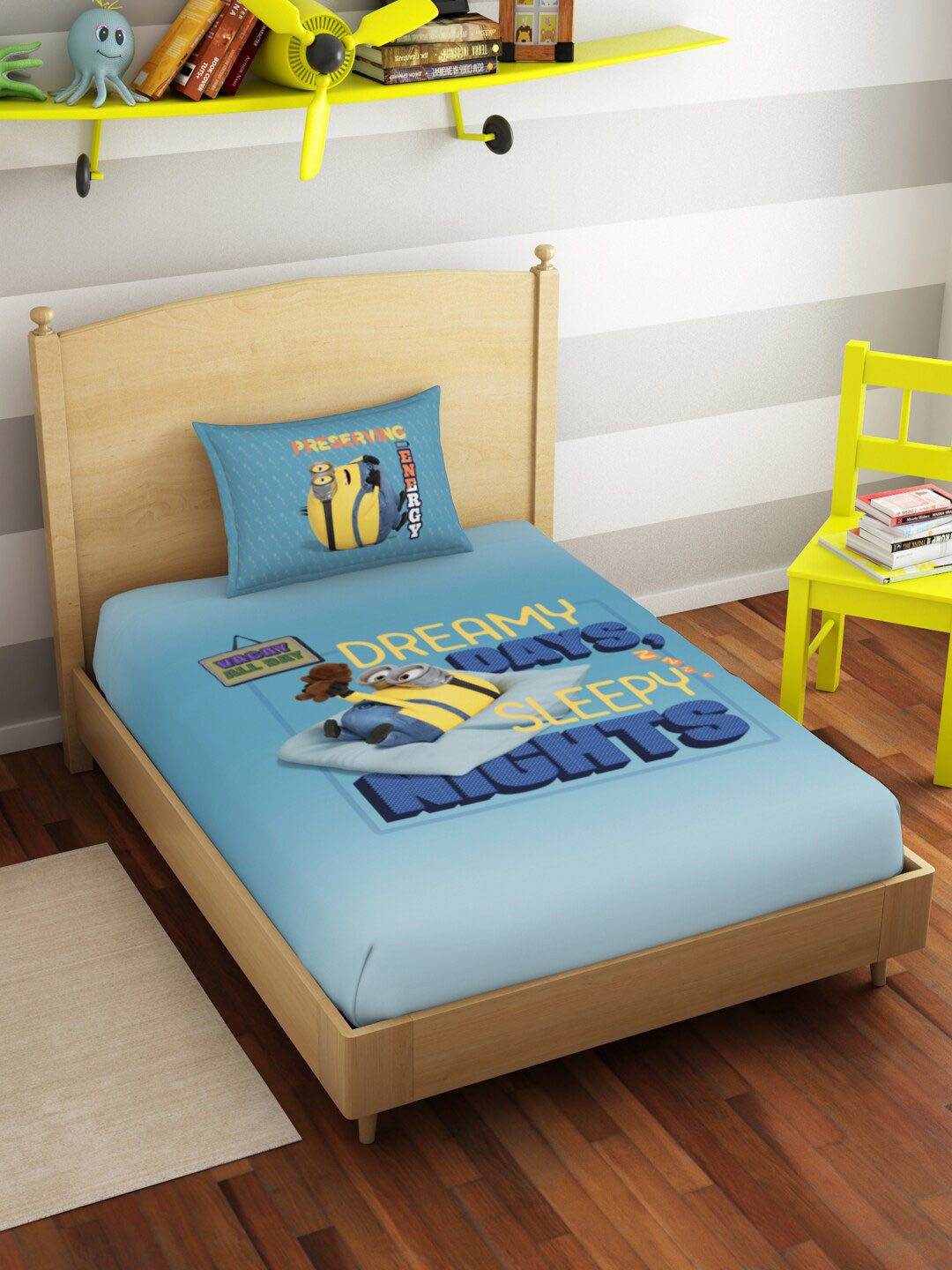 SPACES Universal Lazy Days Minions Blue Cartoon Characters Pure Cotton 180 TC Single Fine Bedsheet with a Pillow Cover-59 x 87 inches