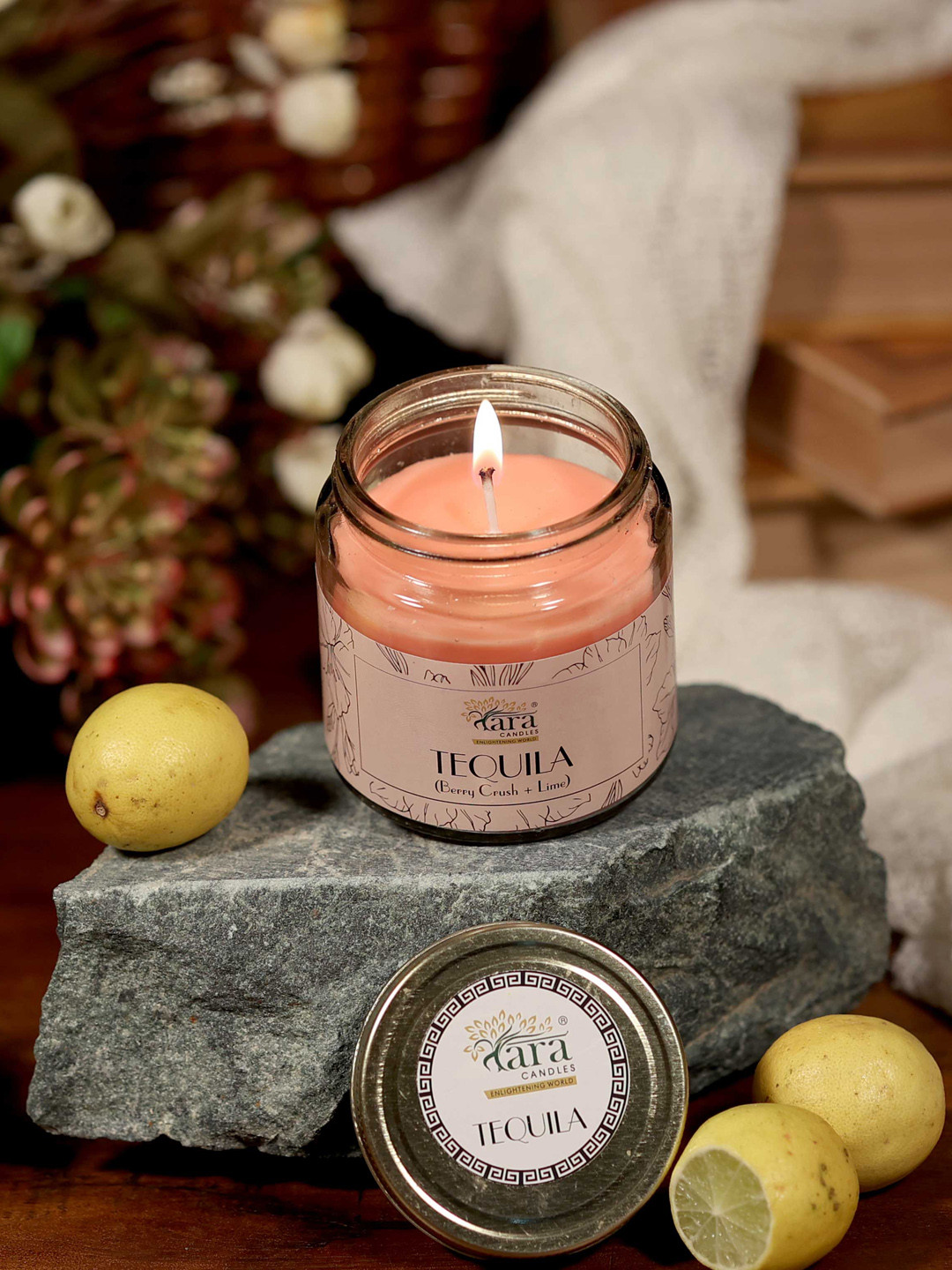 Tara Enlightening World Tequila Container Screw Lid Berry Crush, Lime Solid Jar Candles