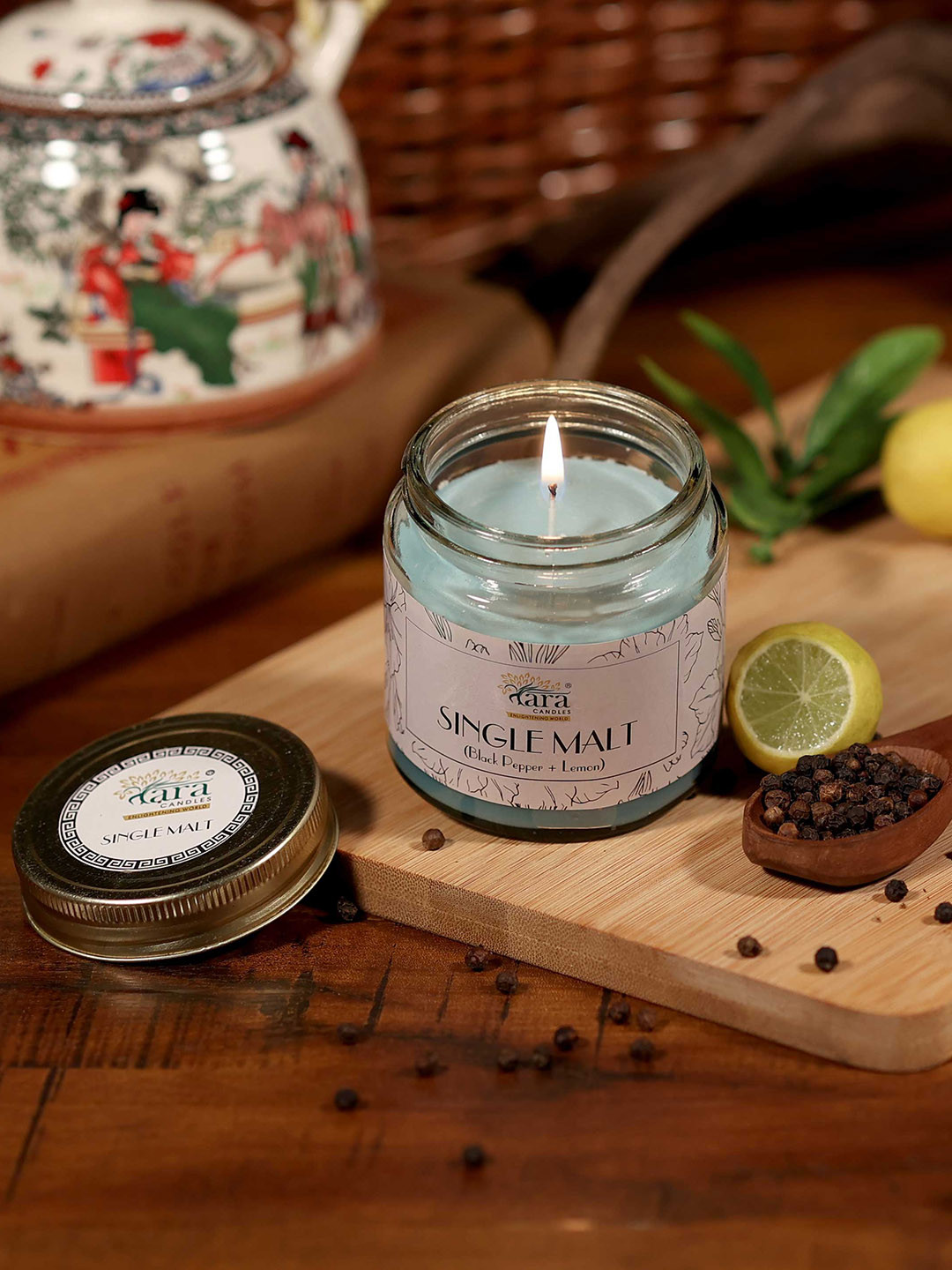 Tara Enlightening World Single Malt Container Screw lid Black Pepper, Lemon Jar Candles
