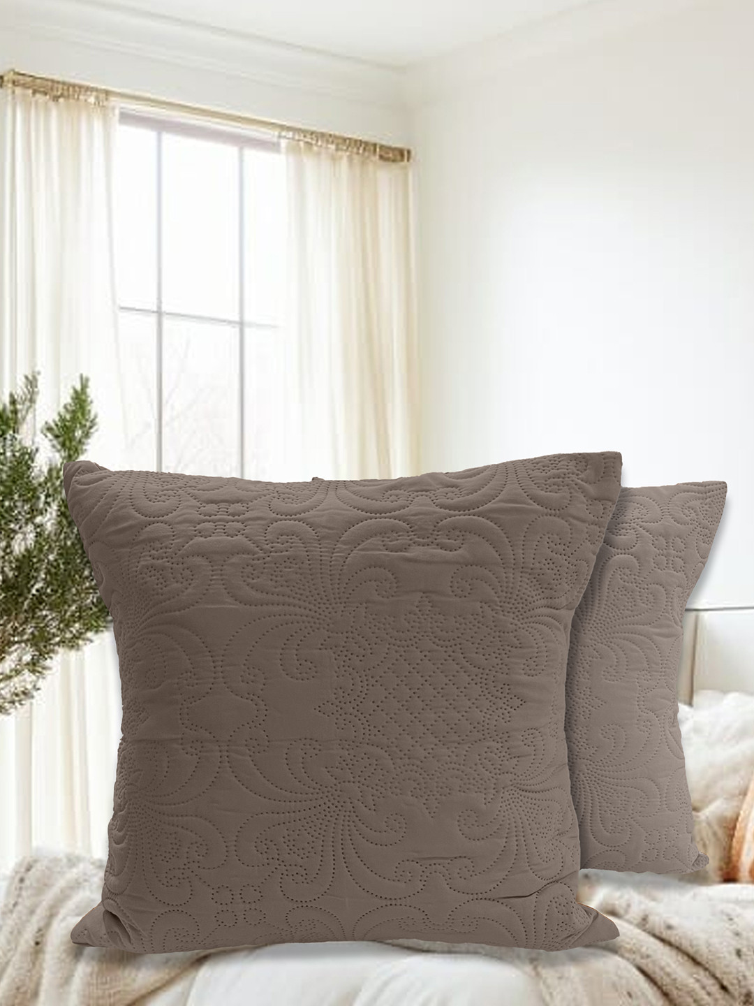 LABHAM Brown 2 Pieces Floral Self Design Cotton Square Cushion Covers