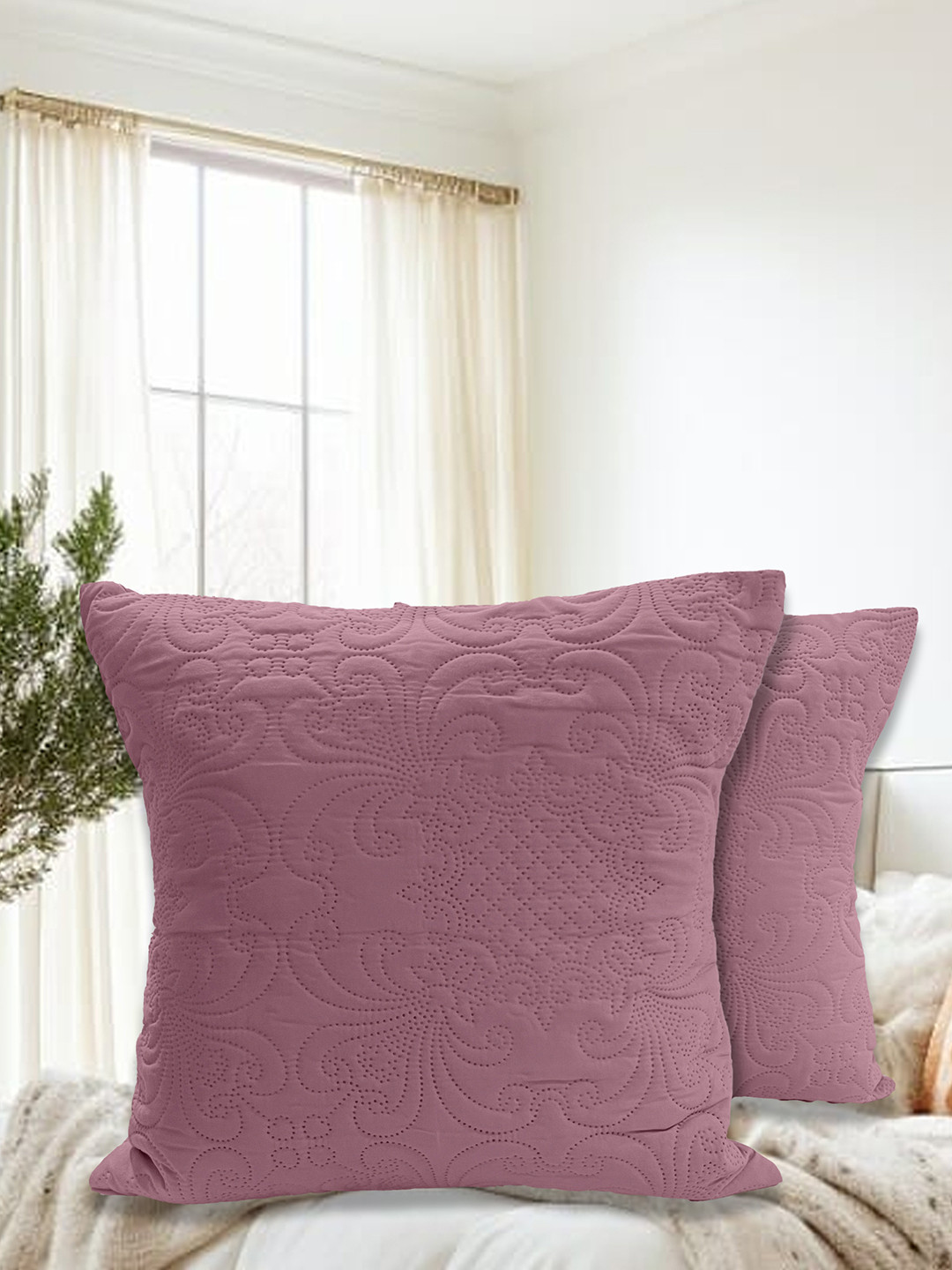 LABHAM Purple 2 Pieces Floral Self Design Cotton Square Cushion Covers