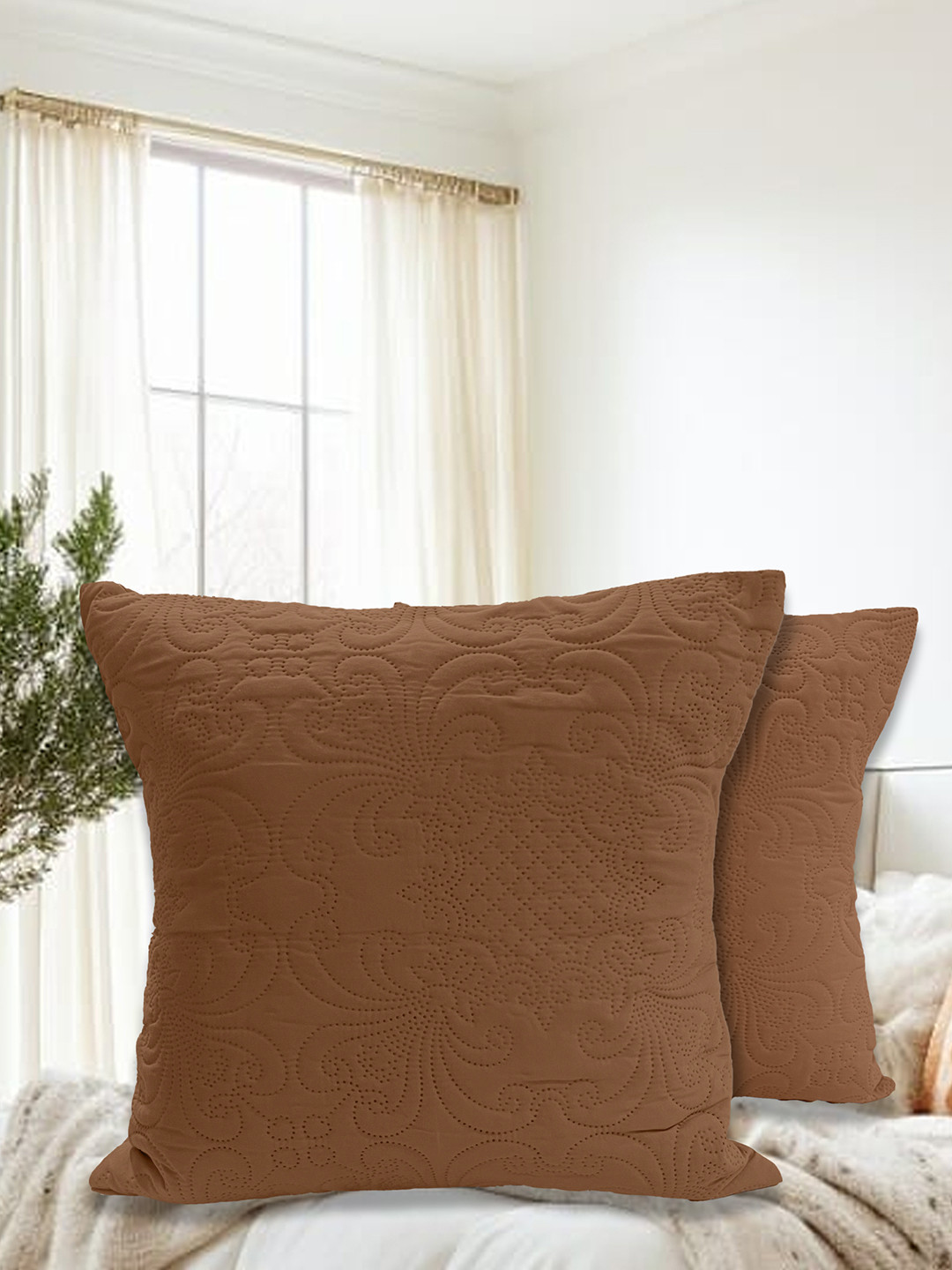 LABHAM Coffee Brown 2 Pieces Floral Self Design Cotton Square Cushion Covers