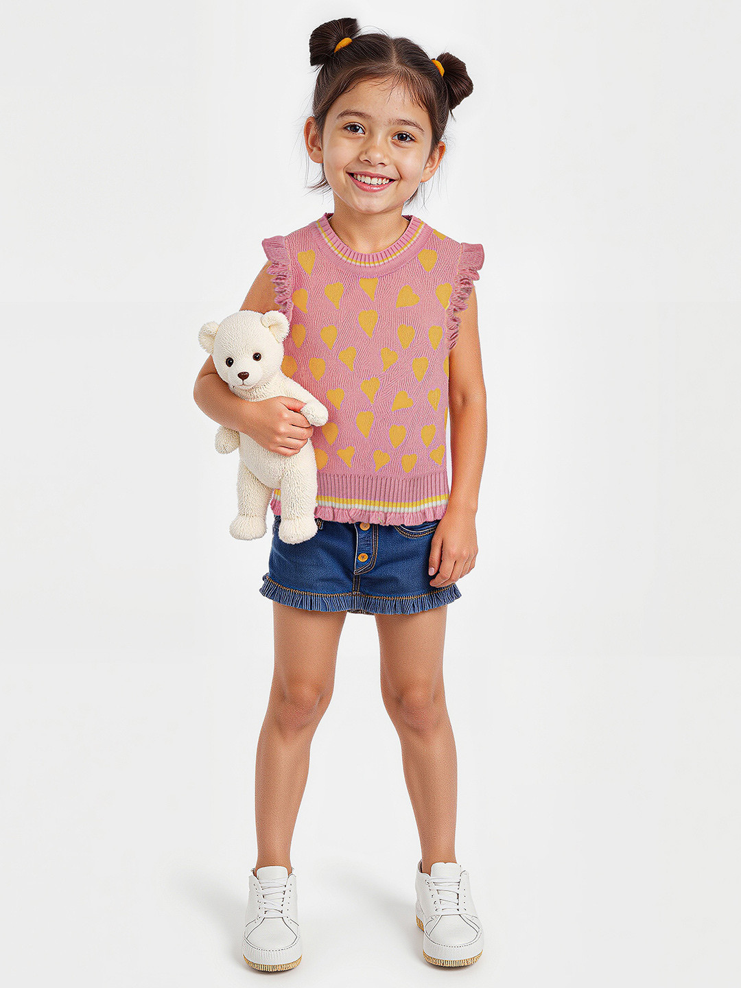 The Souled Store Girls Pink & Yellow Conversational Printed Sweater Vest