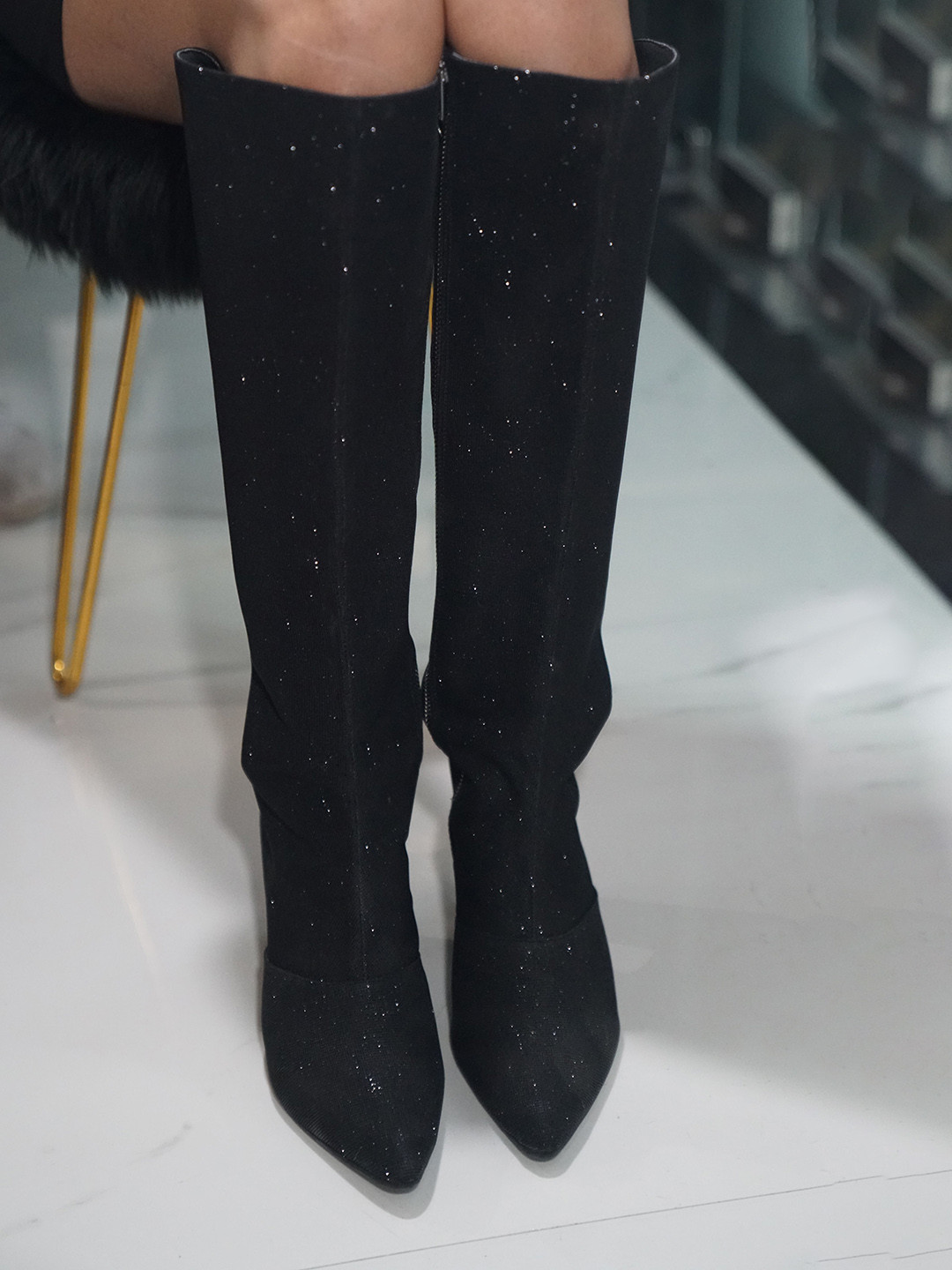 ZORI WORLD Women High Top Sparkling Embellished Block-Heeled Party Regular Boots