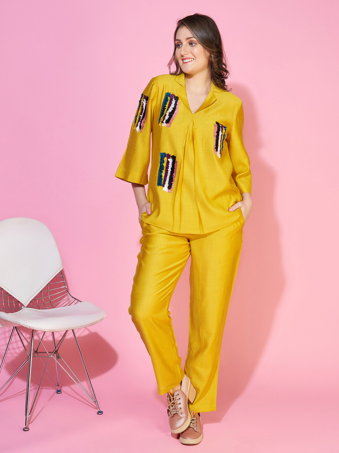 Bannos Swagger Yellow & White Lace Detailing Notched Lapel Collar Night suit