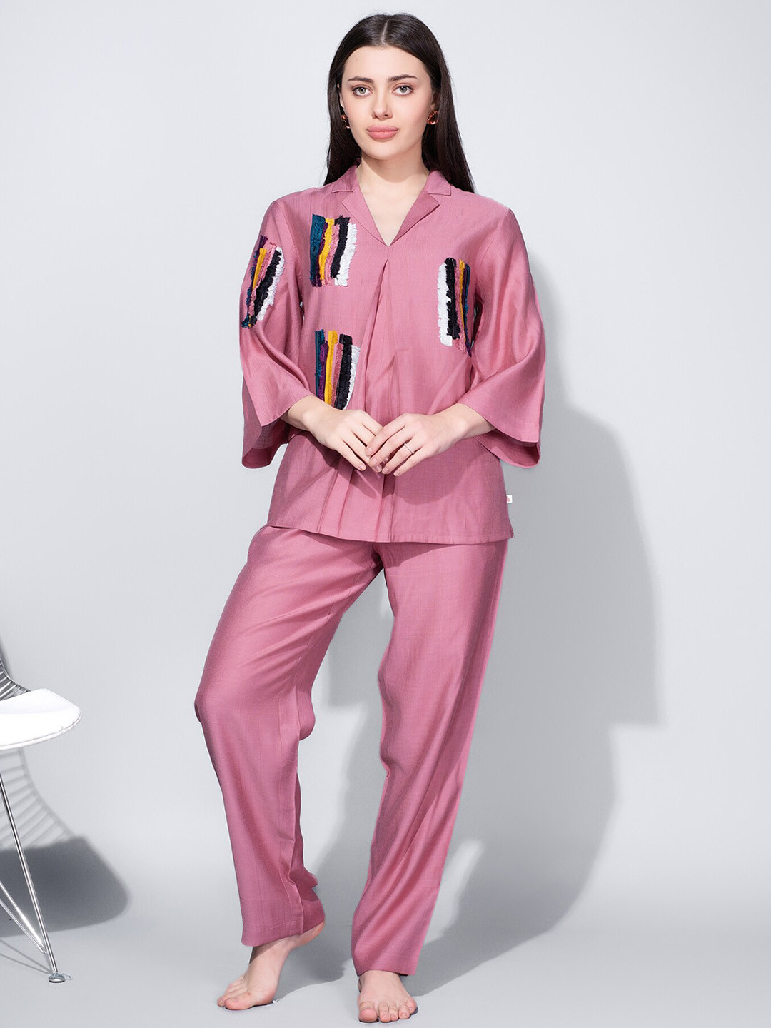 Bannos Swagger Mauve & White Notched Lapel Collar Lace Detailing Night Suit