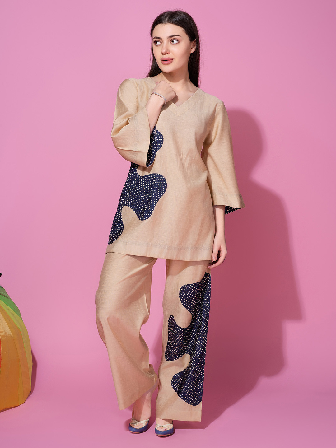 Bannos Swagger Beige & Navy Blue Abstract Printed Aplique Detailing V-Neck Night Suit