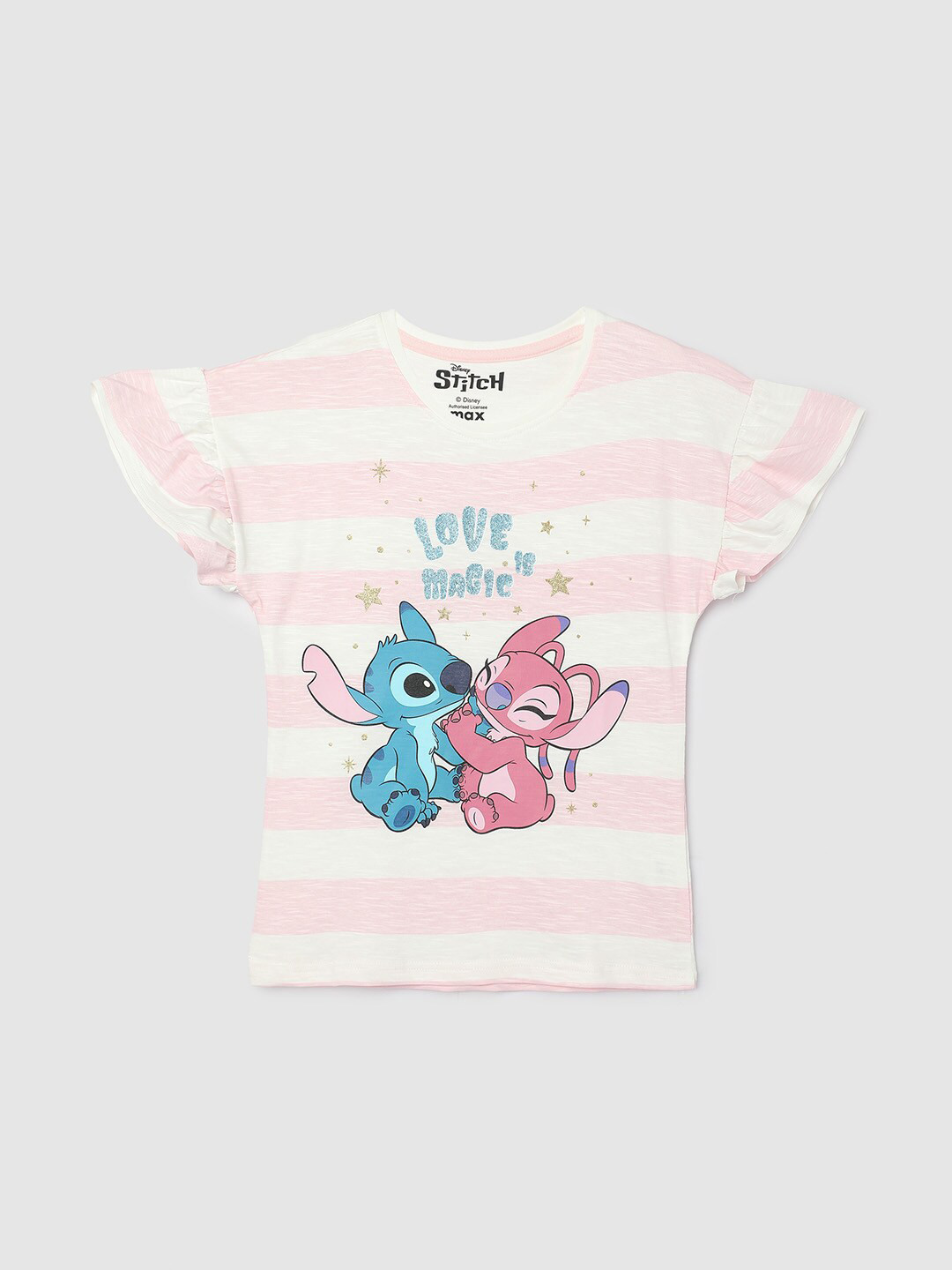 max Girls Lilo and Stitch Printed Flutter Sleeves Pure Cotton T-Shirt
