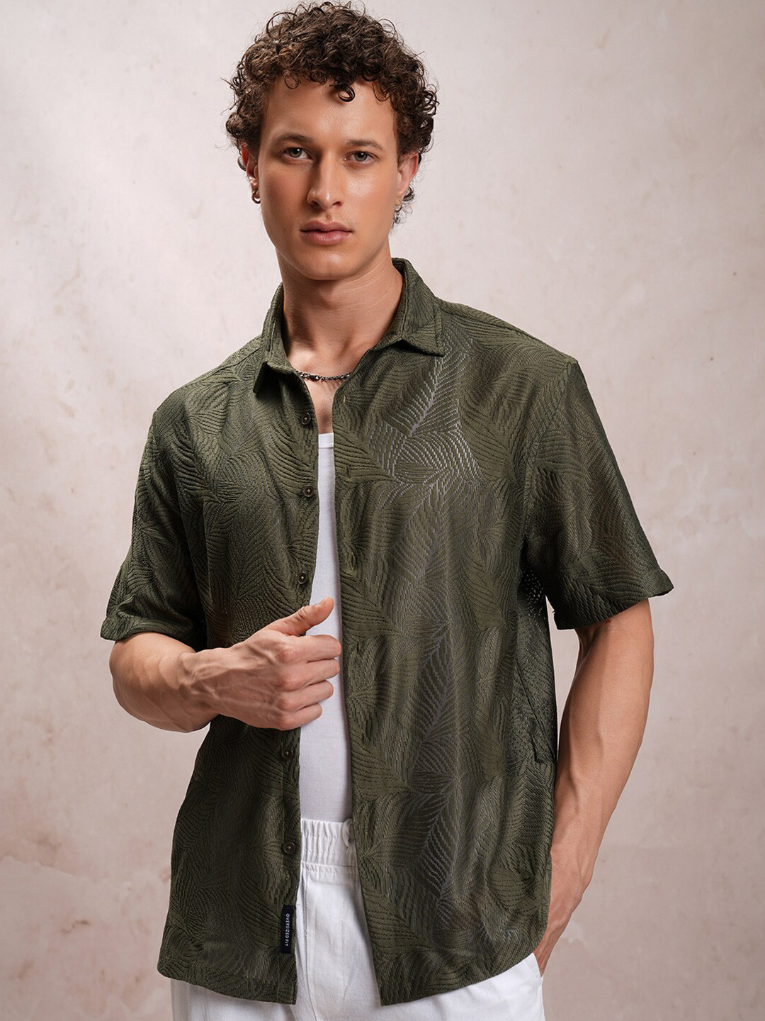 HIGHLANDER Olive Green Crochet Oversized Shirt