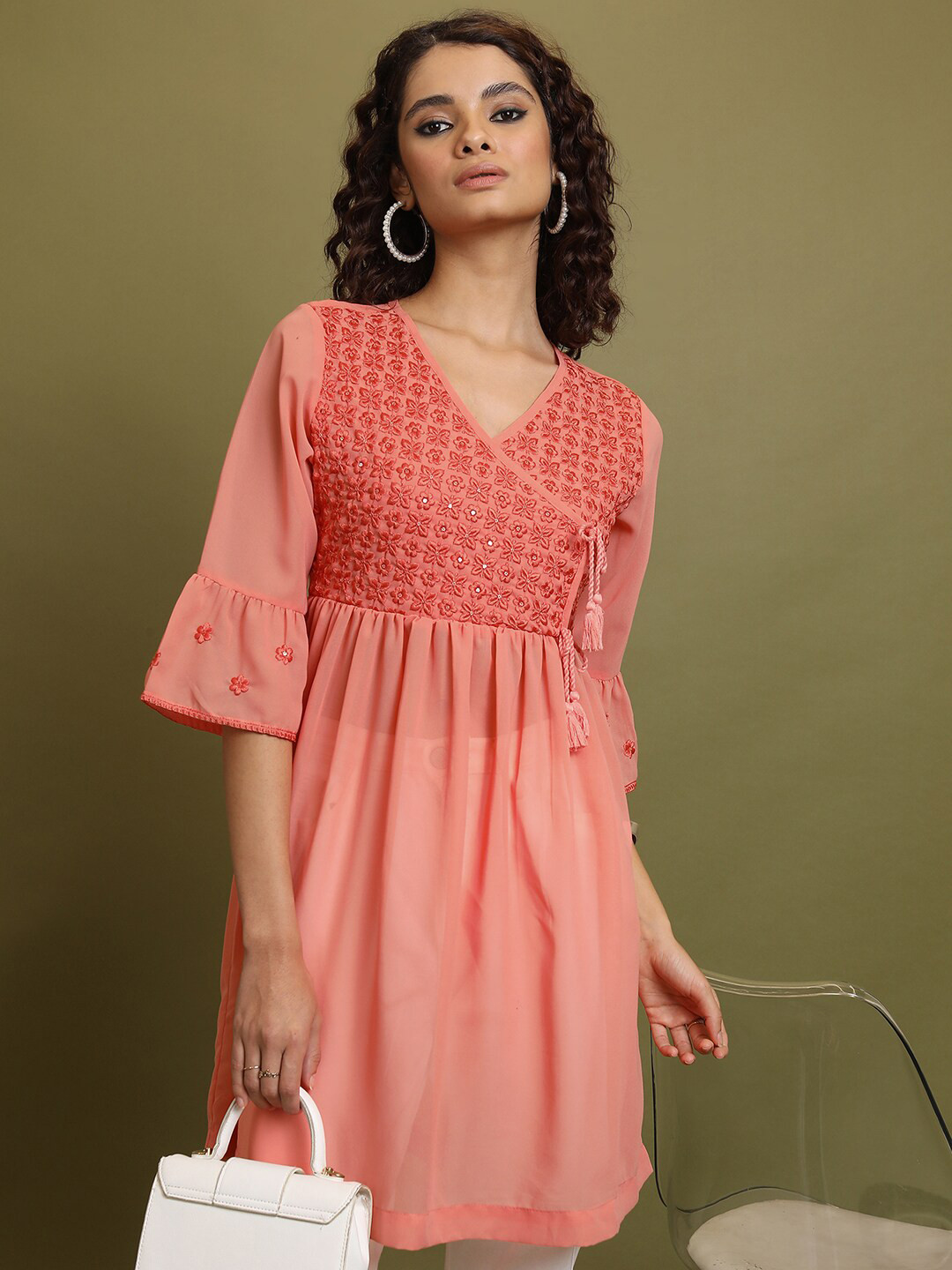 KETCH Floral Embroidered Yoke Design Bell Sleeves Gathered Angrakha A-Line Kurti