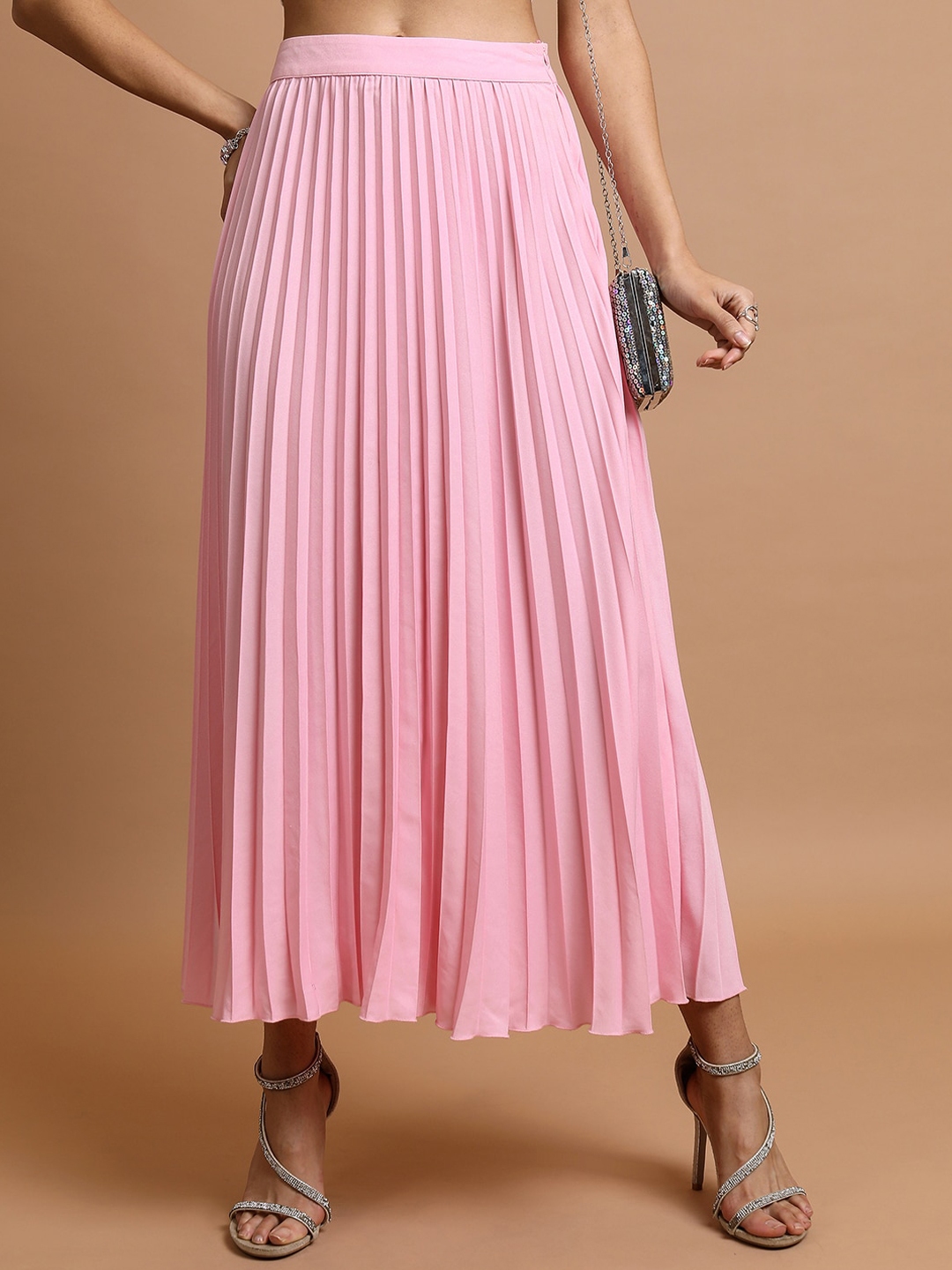 Tokyo Talkies Pink Mid-Rise Pleated Accordion Pleated Maxi A-Line Skirt (30) by Myntra