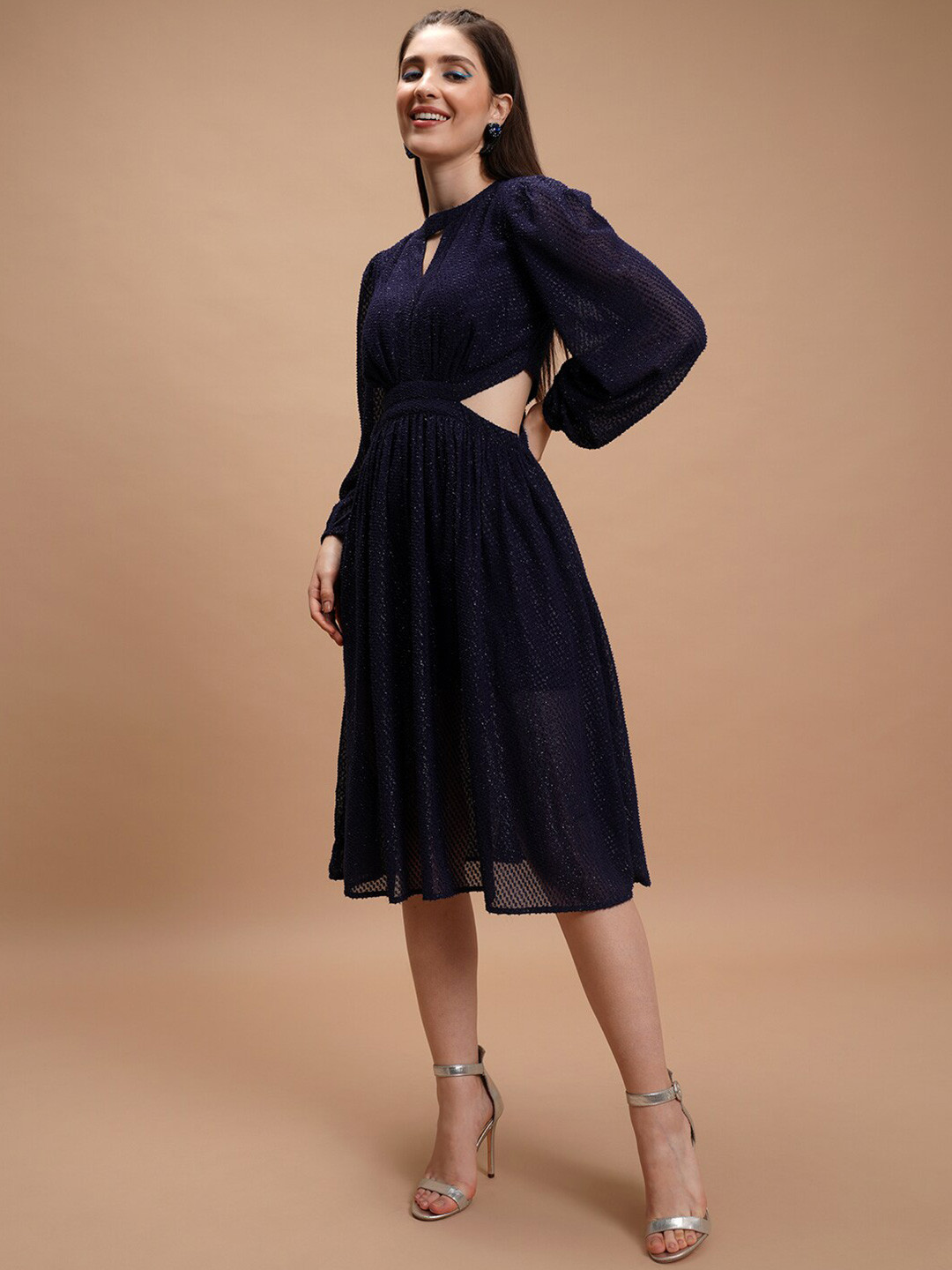 Tokyo Talkies Navy Blue Self Design Cut Out Fit & Flare Midi Dress