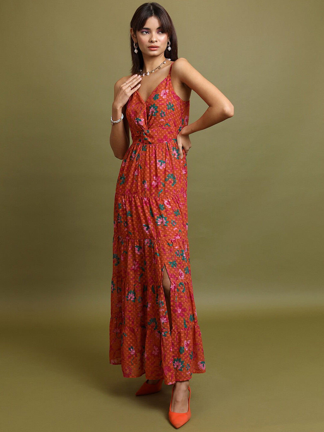 Tokyo Talkies Orange Floral Printed Twisted Tiered Maxi Dress