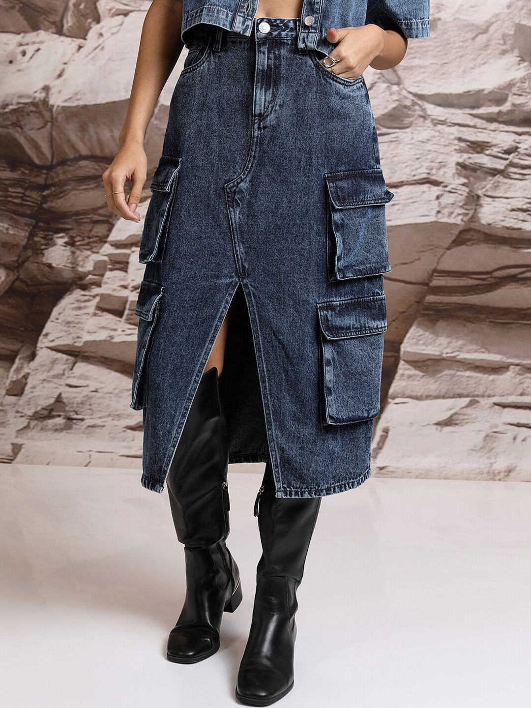 Tokyo Talkies A-Line Pure Cotton Denim Cargo Midi Skirt