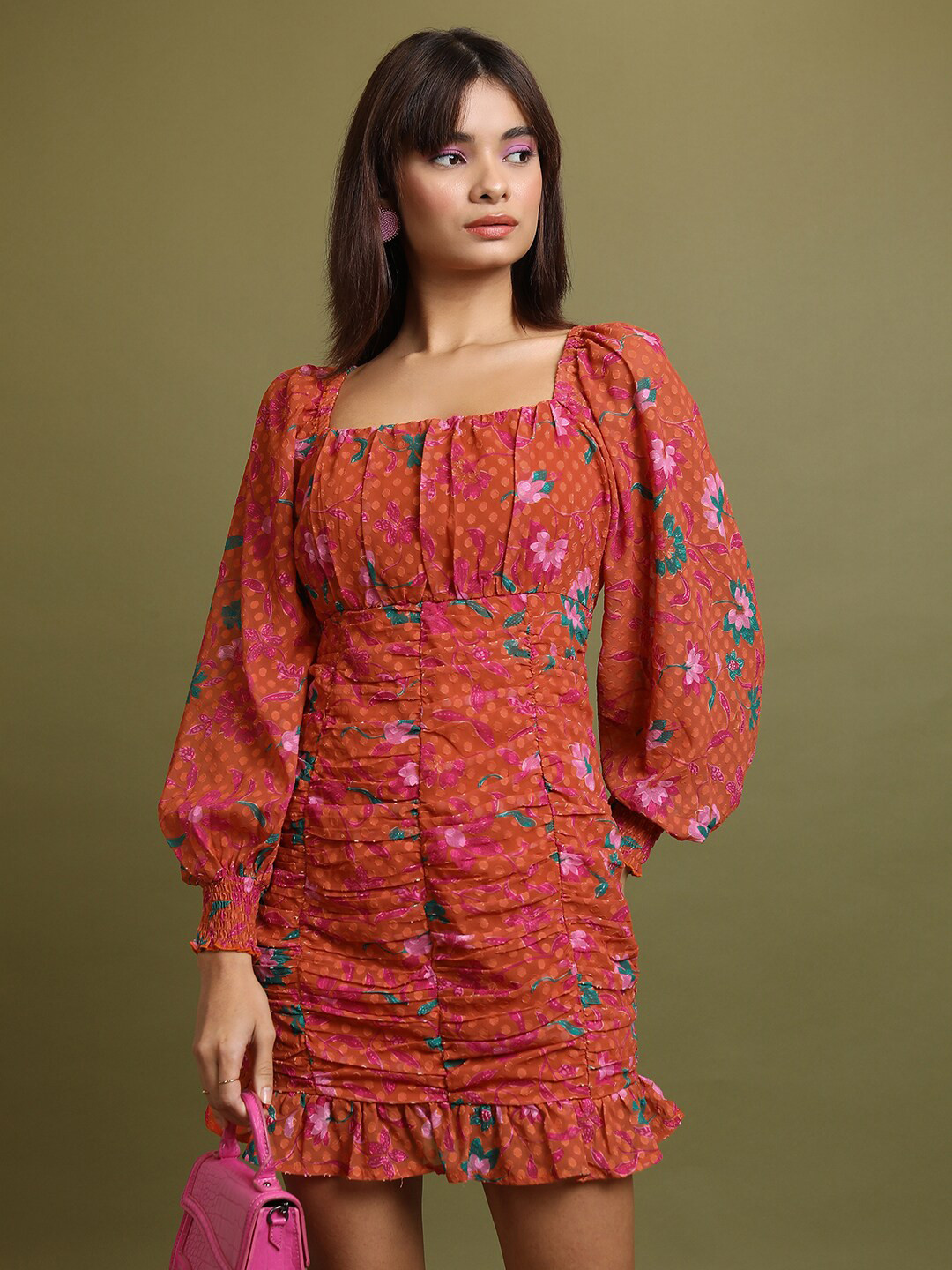 Tokyo Talkies Orange Floral Printed Square Neck Puffed Sleeves Ruched Sheath Mini Dress