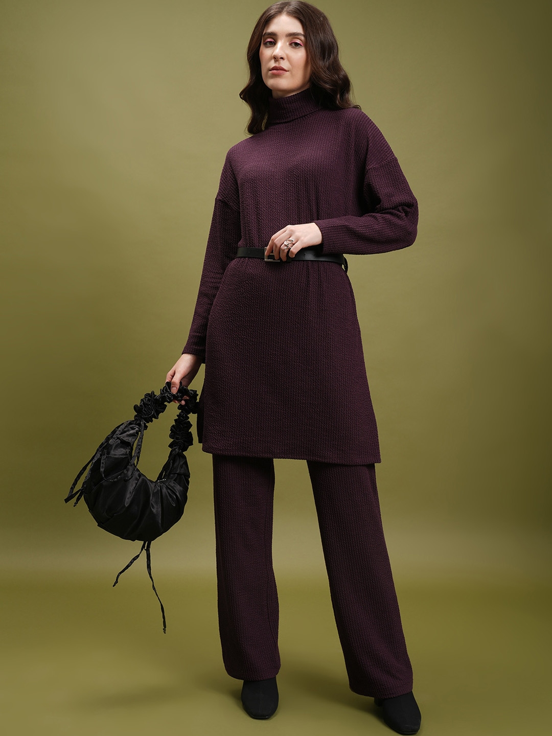 Tokyo Talkies Jacquard Turtleneck Tunic With Wide Leg Trousers - Co Ords for Women 26547916 | Myntra