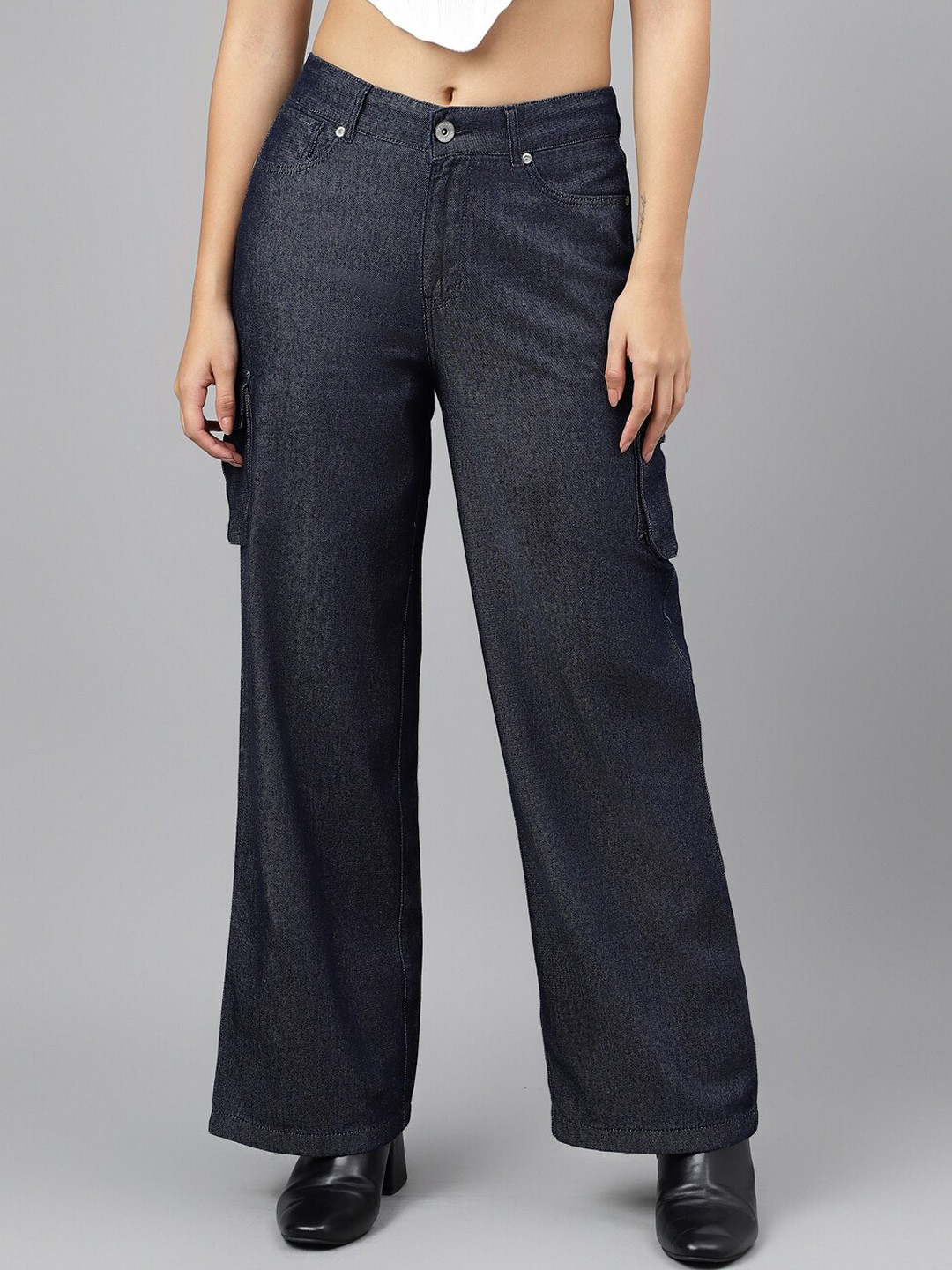 Xpose Women Carrot Straight Fit Denim Weave Pure Cotton Cargos Trouser