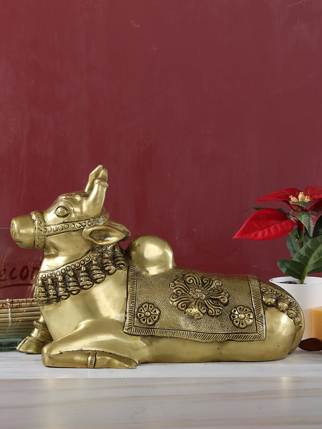 Two Moustaches Gold Toned  Brass Nandi Cow Showpiece