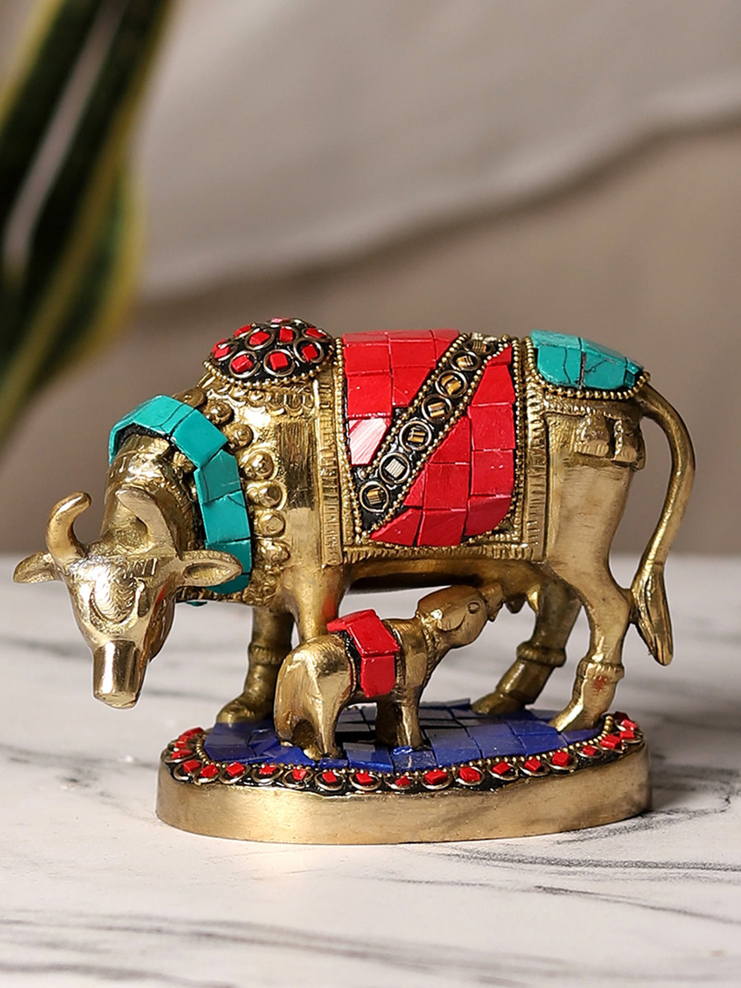 Two Moustaches Blue & Red Kamdhenu Cow Brass Showpiece