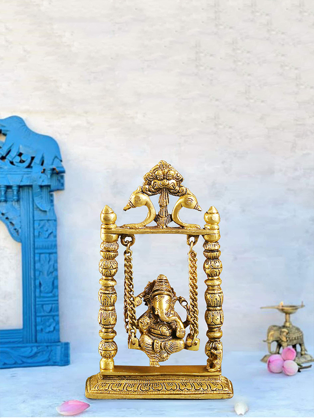 Two Moustaches Ganesha on Swing Jhoola Gold Brass Metallic Prayer Room Medium Showpiece - 8.7 Inches