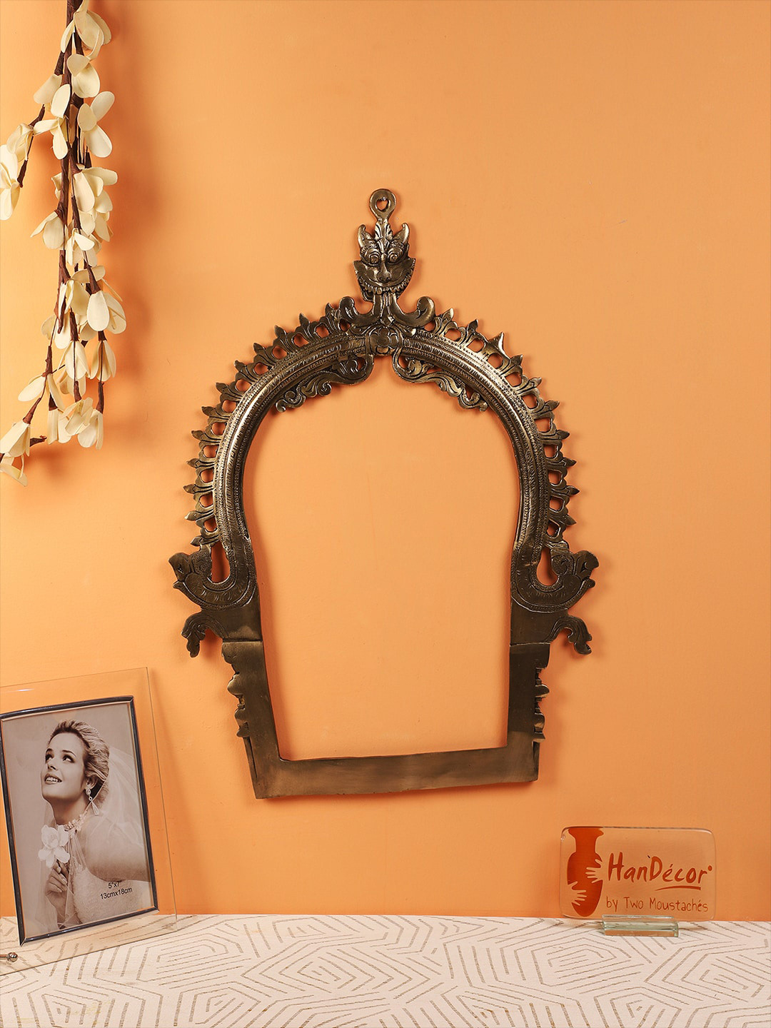 Two Moustaches Yali Design Temple Prabhavali Wall Hanging Brown Brass Metallic Prayer Room Small Showpiece - 20.7 Inches