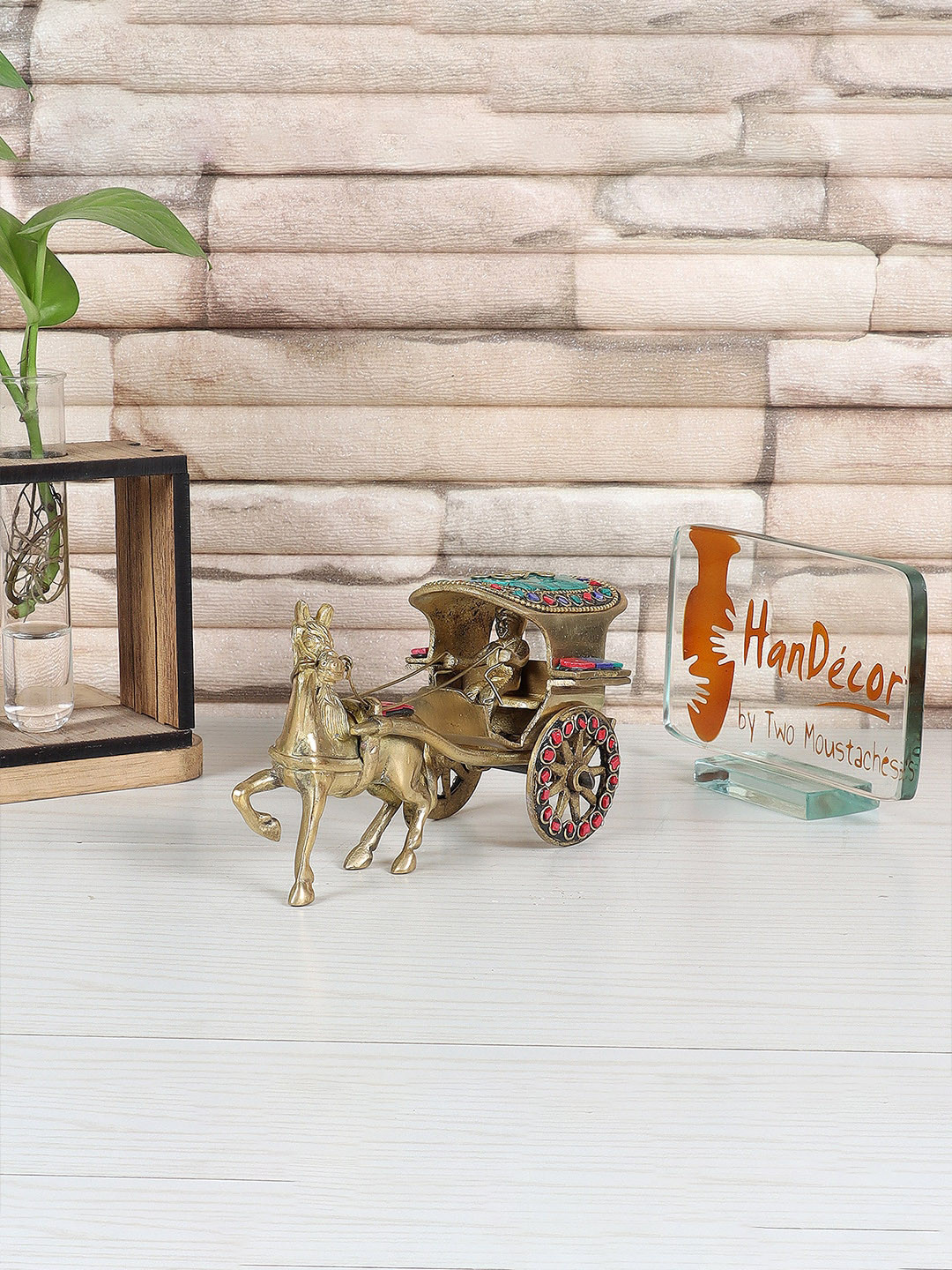 Two Moustaches Gold-Toned Gemstone Work Brass Horse Cart Replica Showpiece