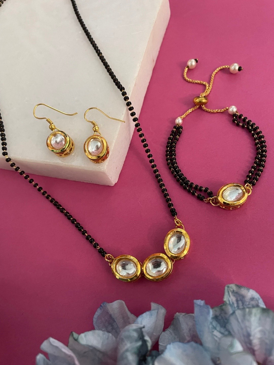 Digital Dress Room Gold Plated Stones & Beaded Mangalsutra With Earrings & Bracelets