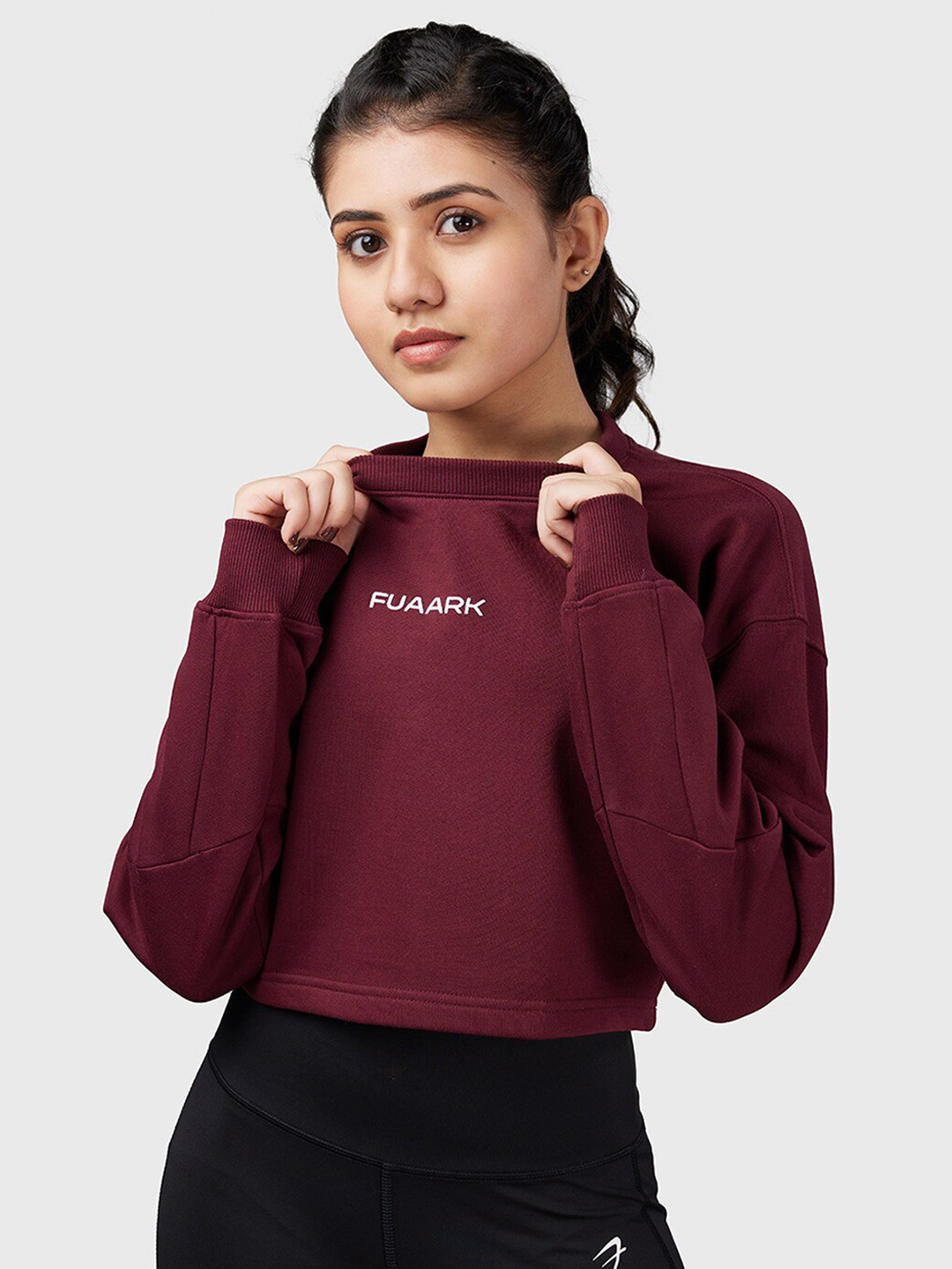 FUAARK Round Neck 2-Way Stretch Antimicrobial Crop Oversized Pullover Sweatshirt