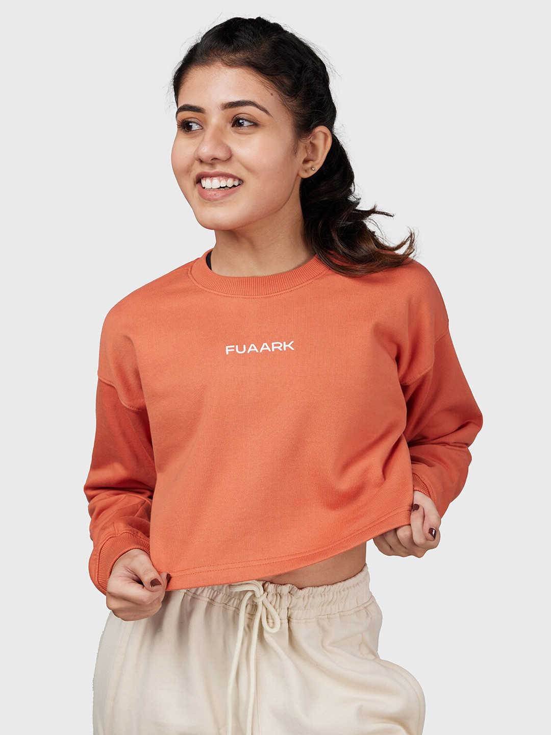 FUAARK Round Neck 2-Way Stretch Antimicrobial Crop Oversized Pullover Sweatshirt