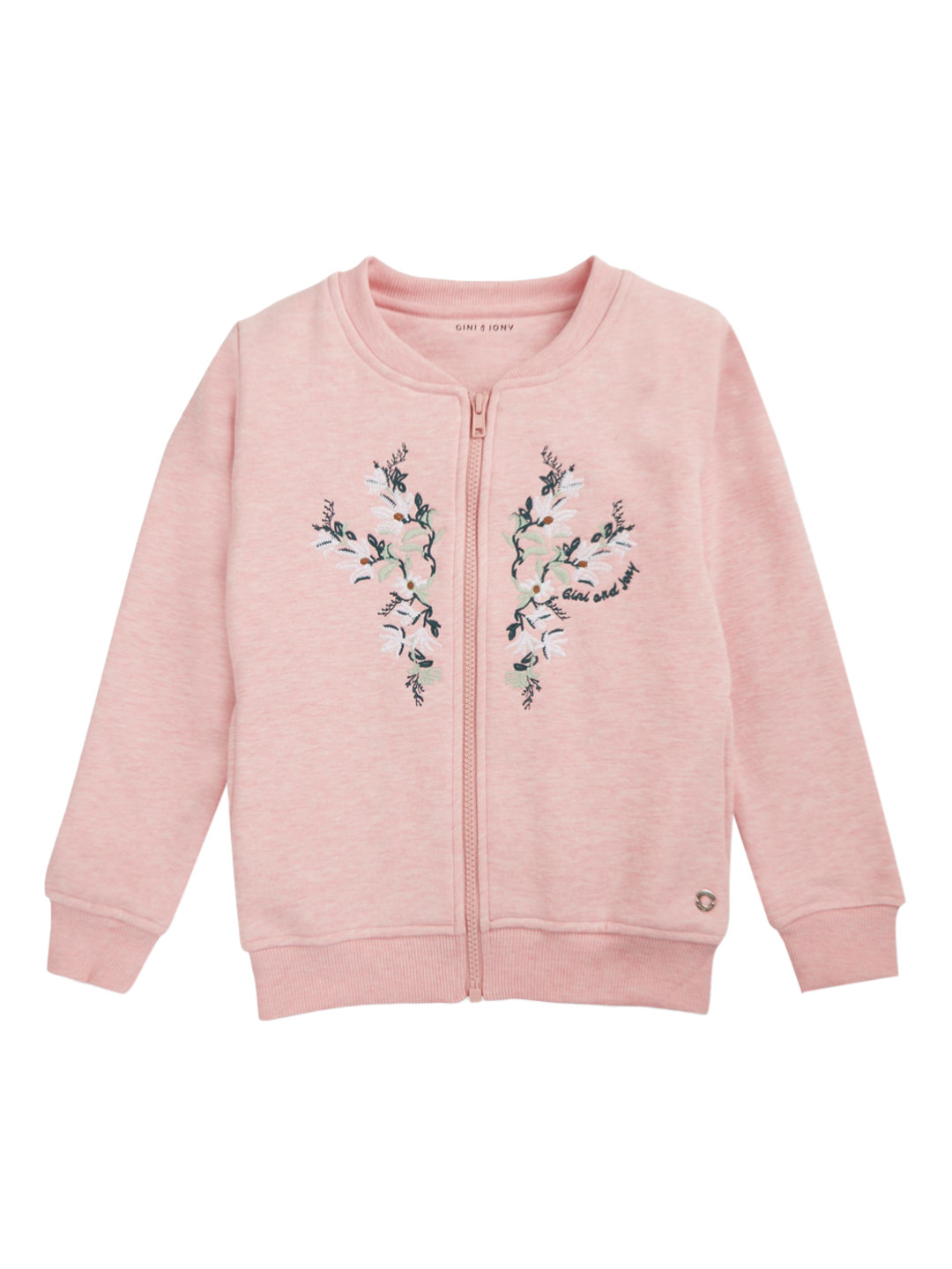 Gini and Jony Girls Floral Embroidered Collarless Cotton Bomber Jacket