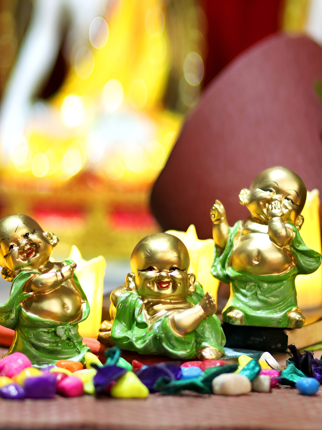 GW CREATIONS Baby Buddha Monk Gold Marble Metallic Living Room Set of 3 Small Showpieces - 4.7 Inches