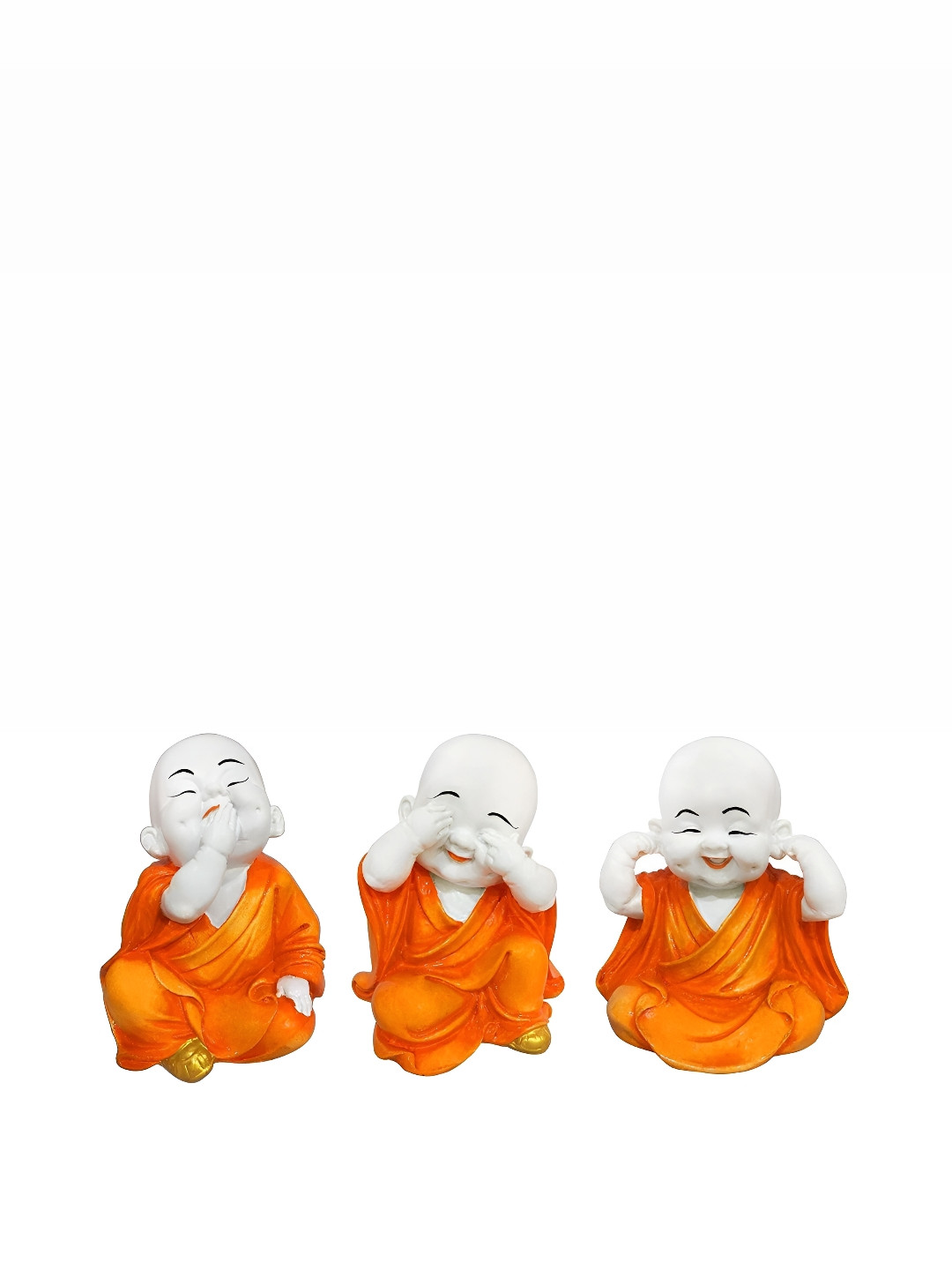 GW CREATIONS Baby Buddha Monk Orange Polyresin Matte Prayer Room Set of 3 Small Showpieces - 2.4 Inches