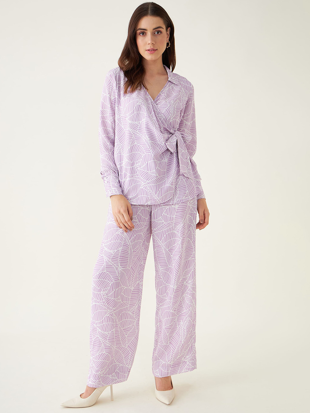 SALT ATTIRE Pretty Feminine Printed Shirt Collar Top With Trouser