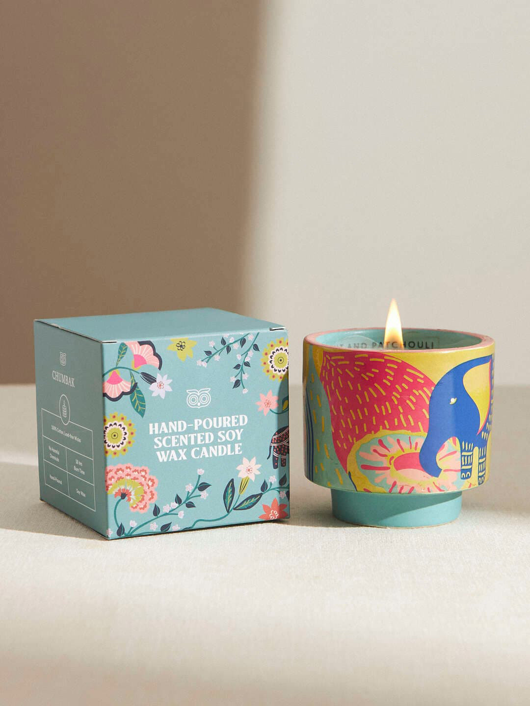 Chumbak Blue & Yellow Small Ceramic Grapefruit & Patchouli Scented Jar Candle