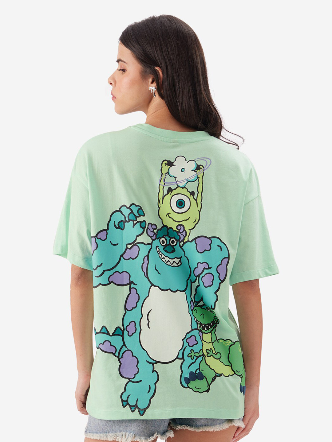 The Souled Store Green Monsters Inc. Graphic Printed Pure Cotton Oversized T-shirt