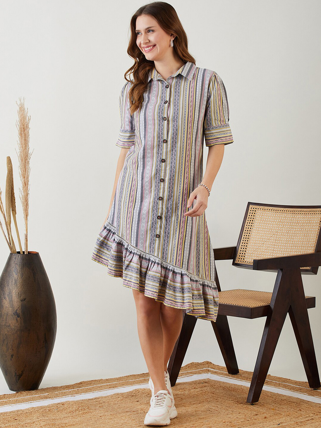 The Kaftan Company Grey Striped Denim Fit & Flare Dress