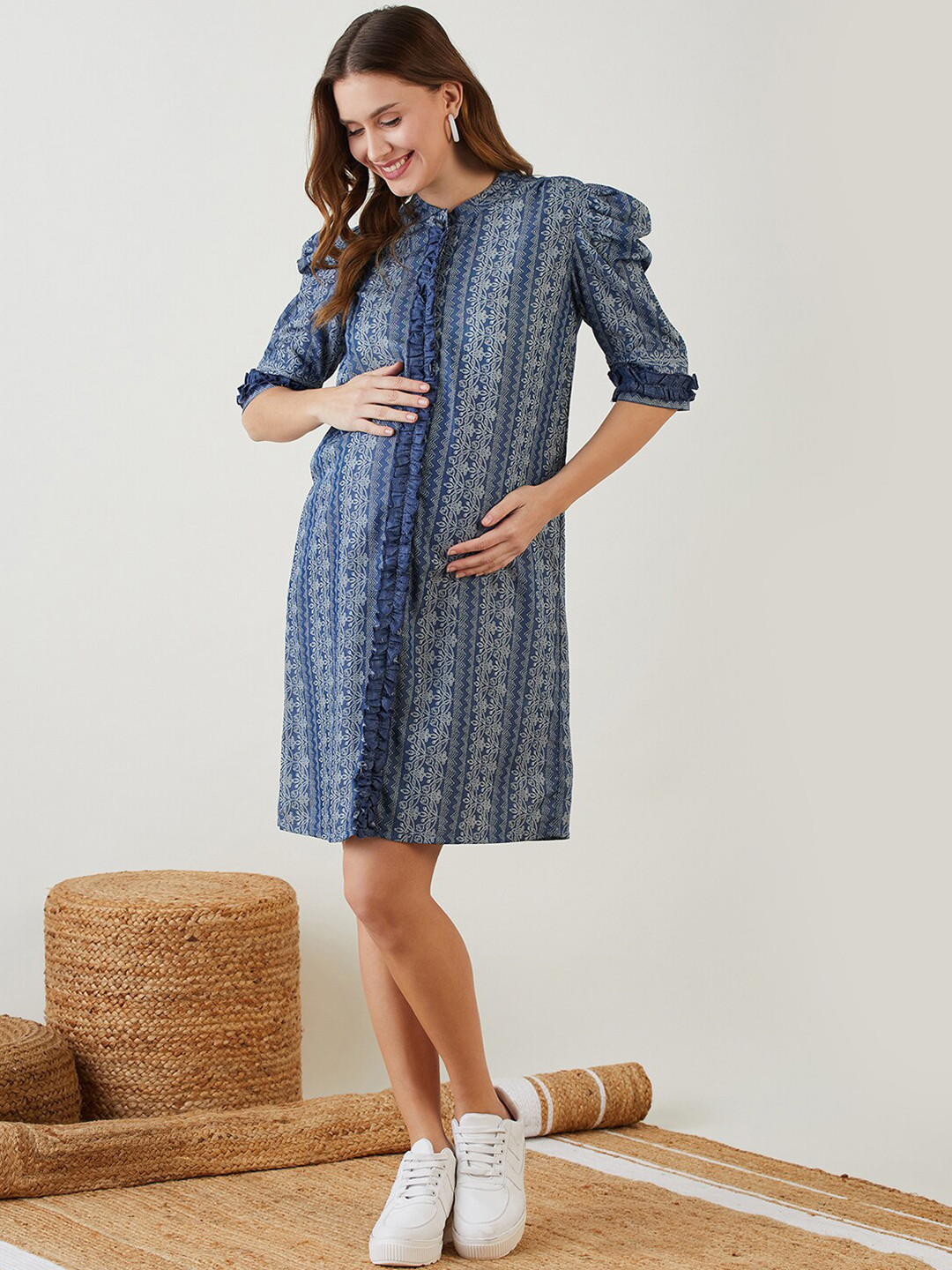 The Kaftan Company Blue Tribal Print Ruffled Denim Maternity Fit & Flare Dress