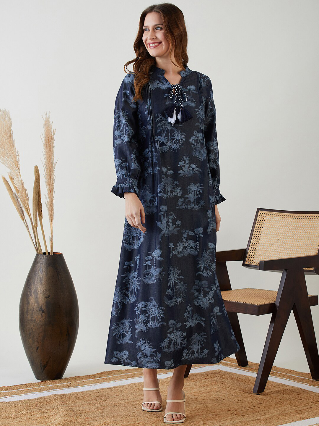 The Kaftan Company Navy Blue Printed Denim Fit & Flare Maxi Dress