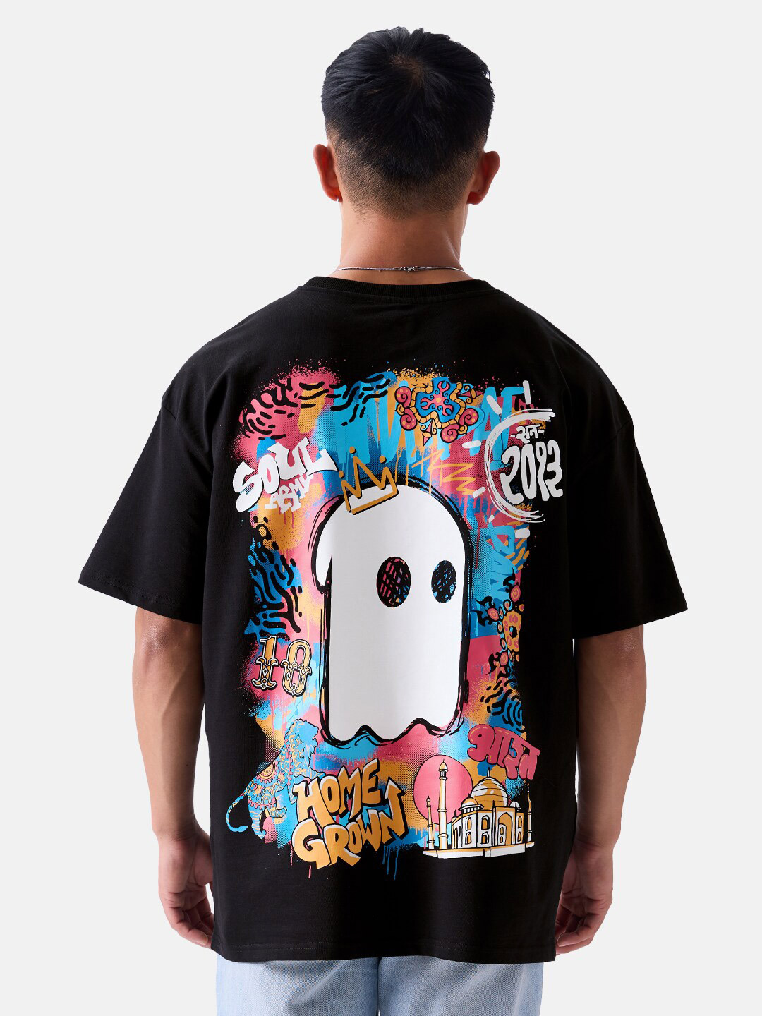 The Souled Store Black Graphic Printed Drop-Shoulder Sleeves Oversized Pure Cotton T-shirt