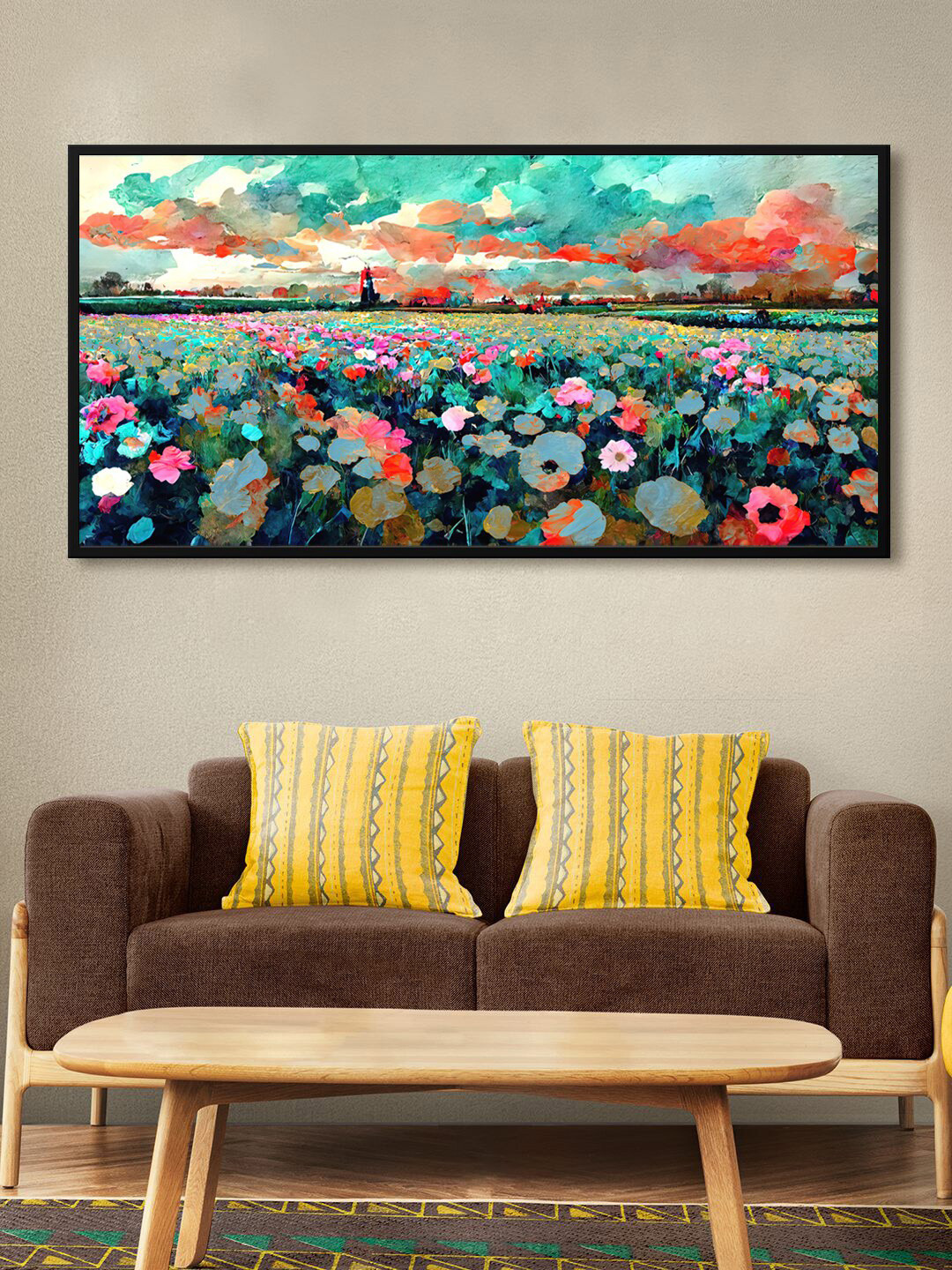 999Store Green & Red Flower With Sky Nature View Modern Art Canvas Wall Painting