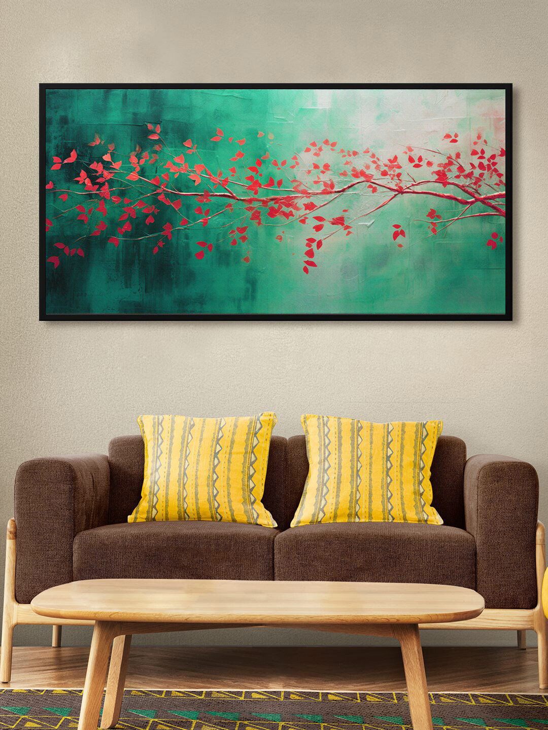 999Store Green & Red Leaves With Abstract Background Wall Art Painting