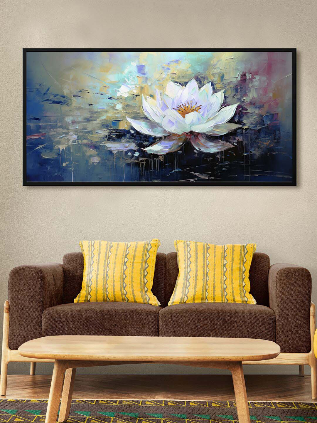 999Store Blue & White Abstract Background & Lotus Flower Modern Art Canvas Wall Painting
