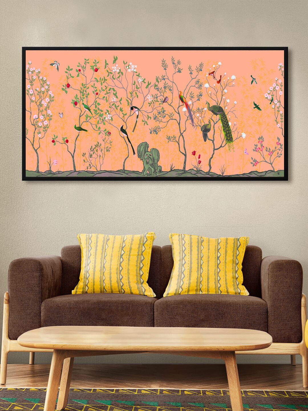 999Store Peach Flower With Tree And Birds Peacock Modern Art Canvas Painting Wall Art