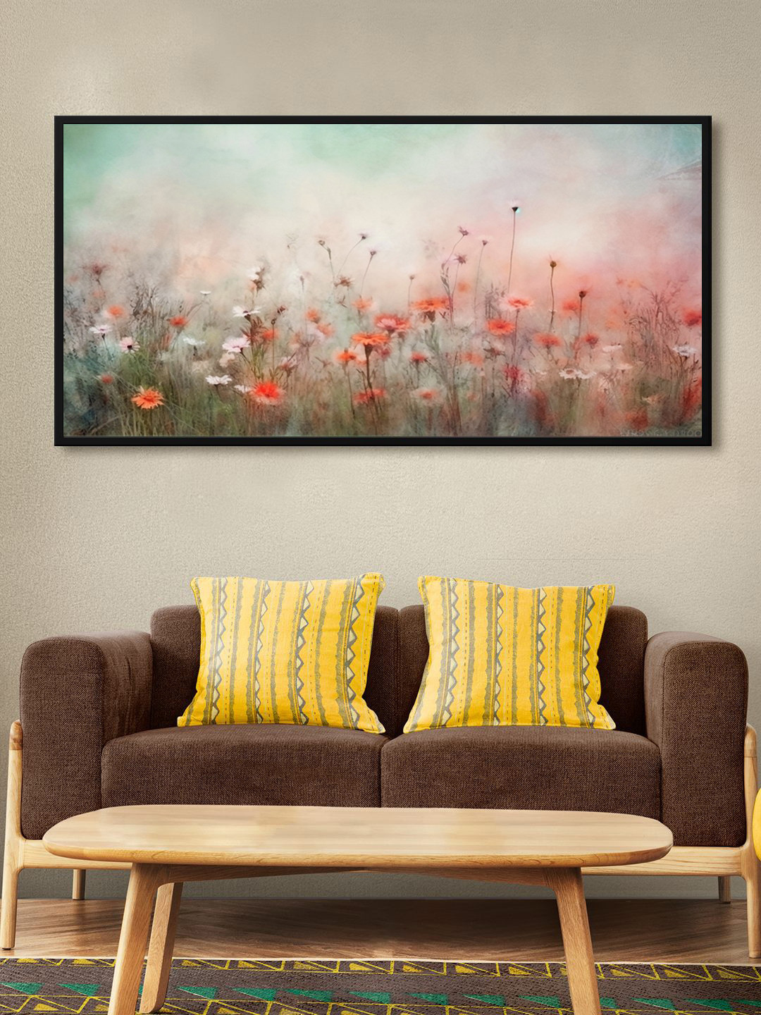 999Store Green & Orange Flower Meadow With Colorful Sky View Modern Art Wall Painting