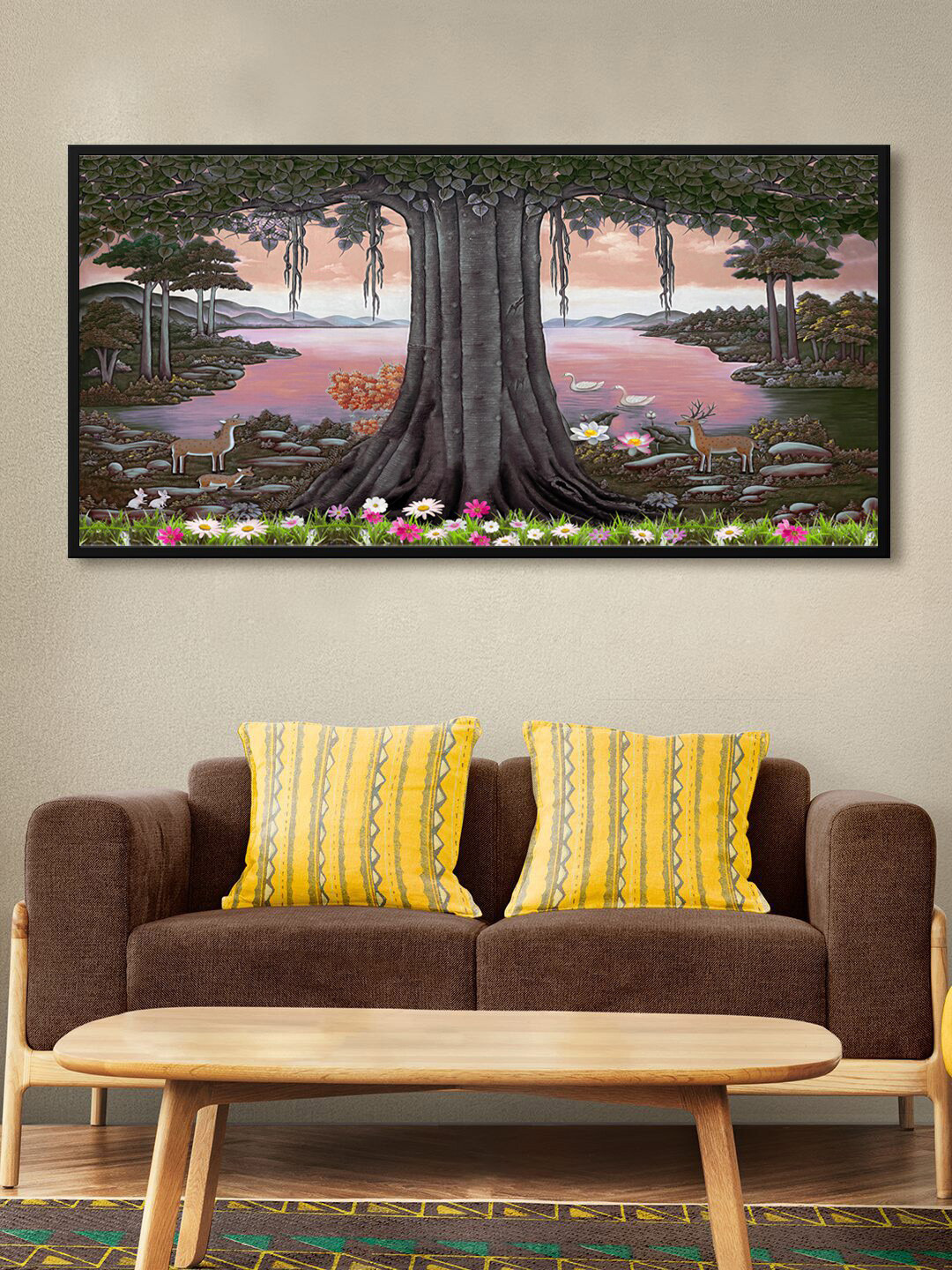999Store Grey & Pink Big Tree With Deer Duck & Lake Modern Art Canvas Wall Painting