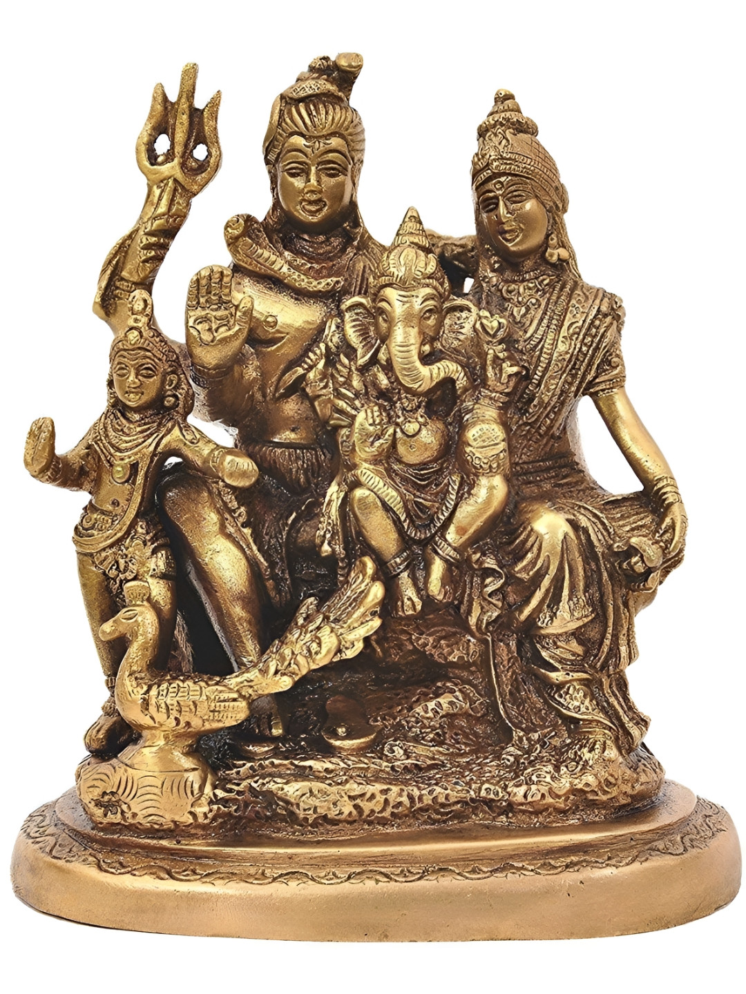 Navyaksh Shiva Parvati and Ganesha Murti Shiv Family Parivar Gold Brass Metallic Prayer Room Small Showpiece - 3.1 Inches