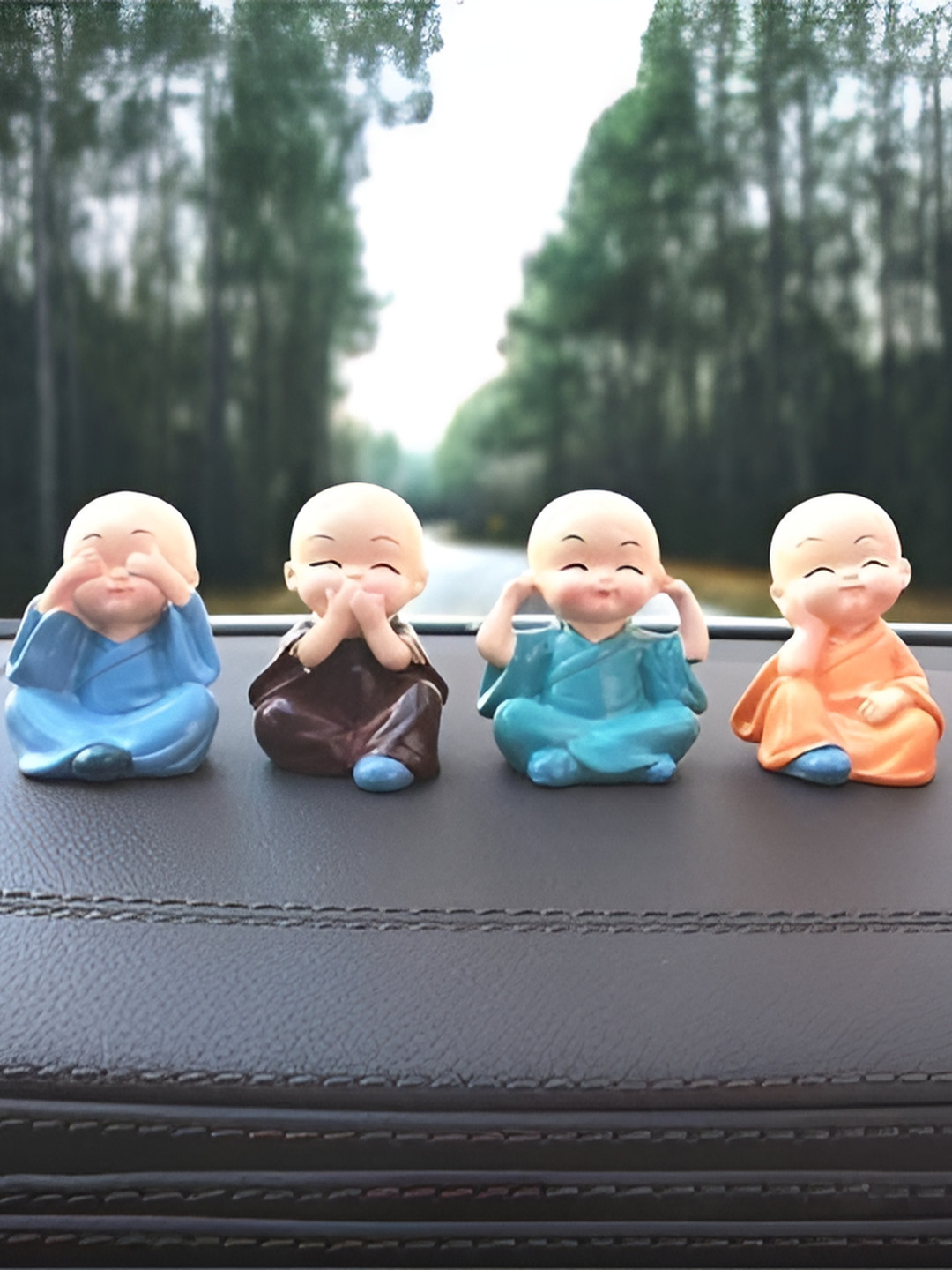 Navyaksh Cute Kung Fu Laughing Buddha with Straw Hat Blue Polyresin Glossy Living Room Set of 4 Small Showpieces - 4.3 Inches